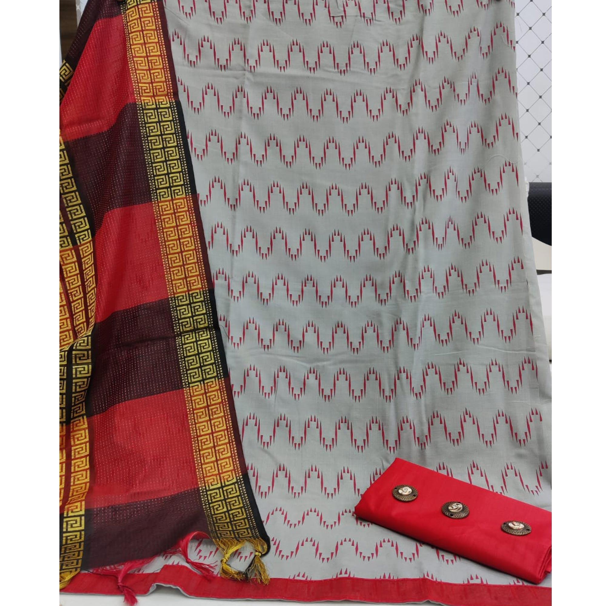 Refreshing Grey - Red Colored Casual Wear Printed Cotton Dress Material - Peachmode