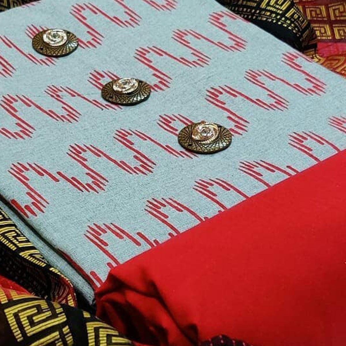 Refreshing Grey - Red Colored Casual Wear Printed Cotton Dress Material - Peachmode