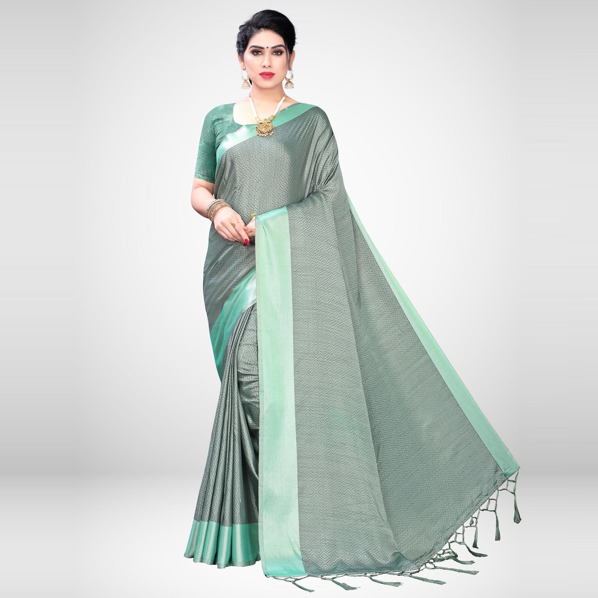 Refreshing Light Green Colored Festive Wear Woven Satin Saree - Peachmode