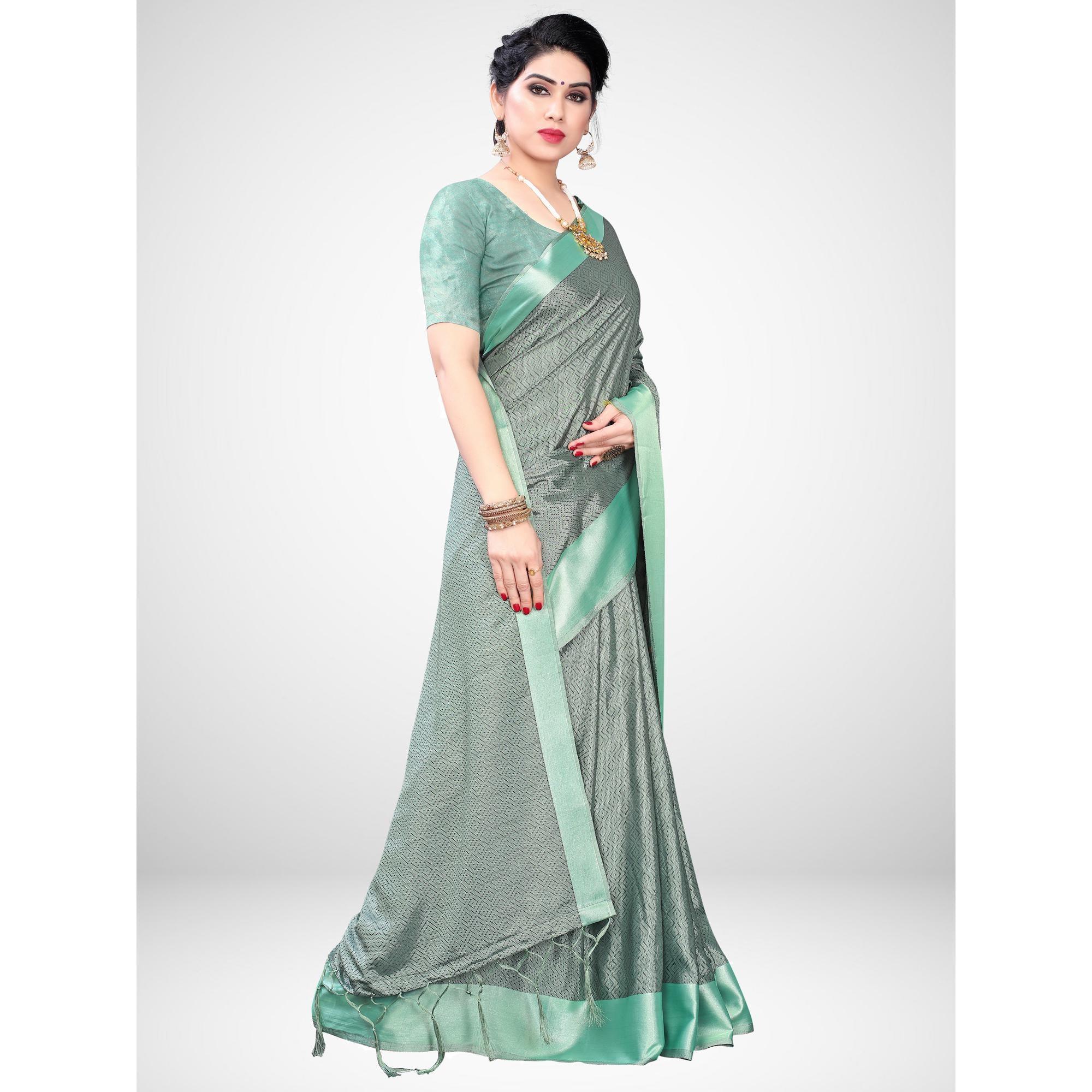 Refreshing Light Green Colored Festive Wear Woven Satin Saree - Peachmode