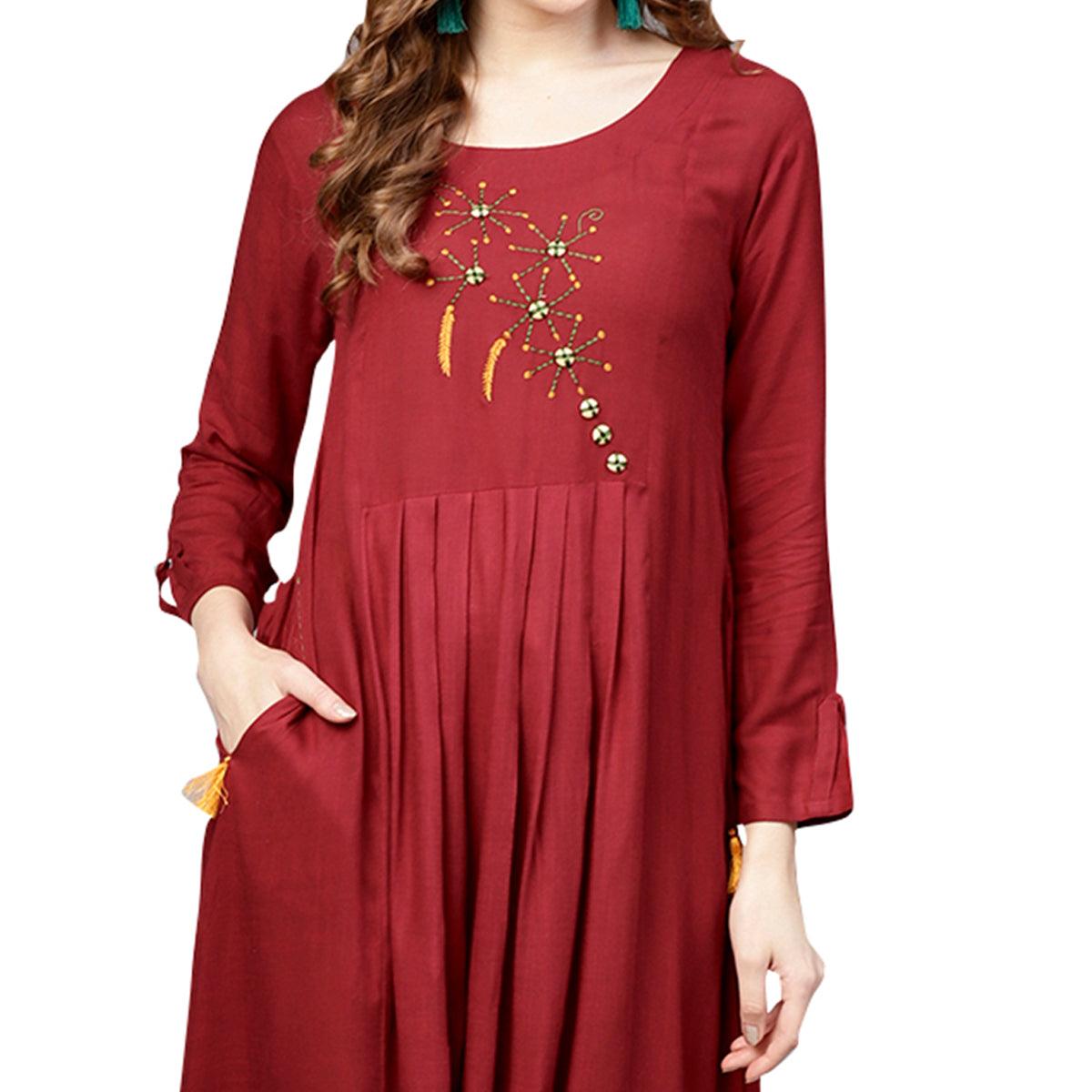 Refreshing Maroon Colored Casual Wear Embroidered Rayon Kurti - Peachmode