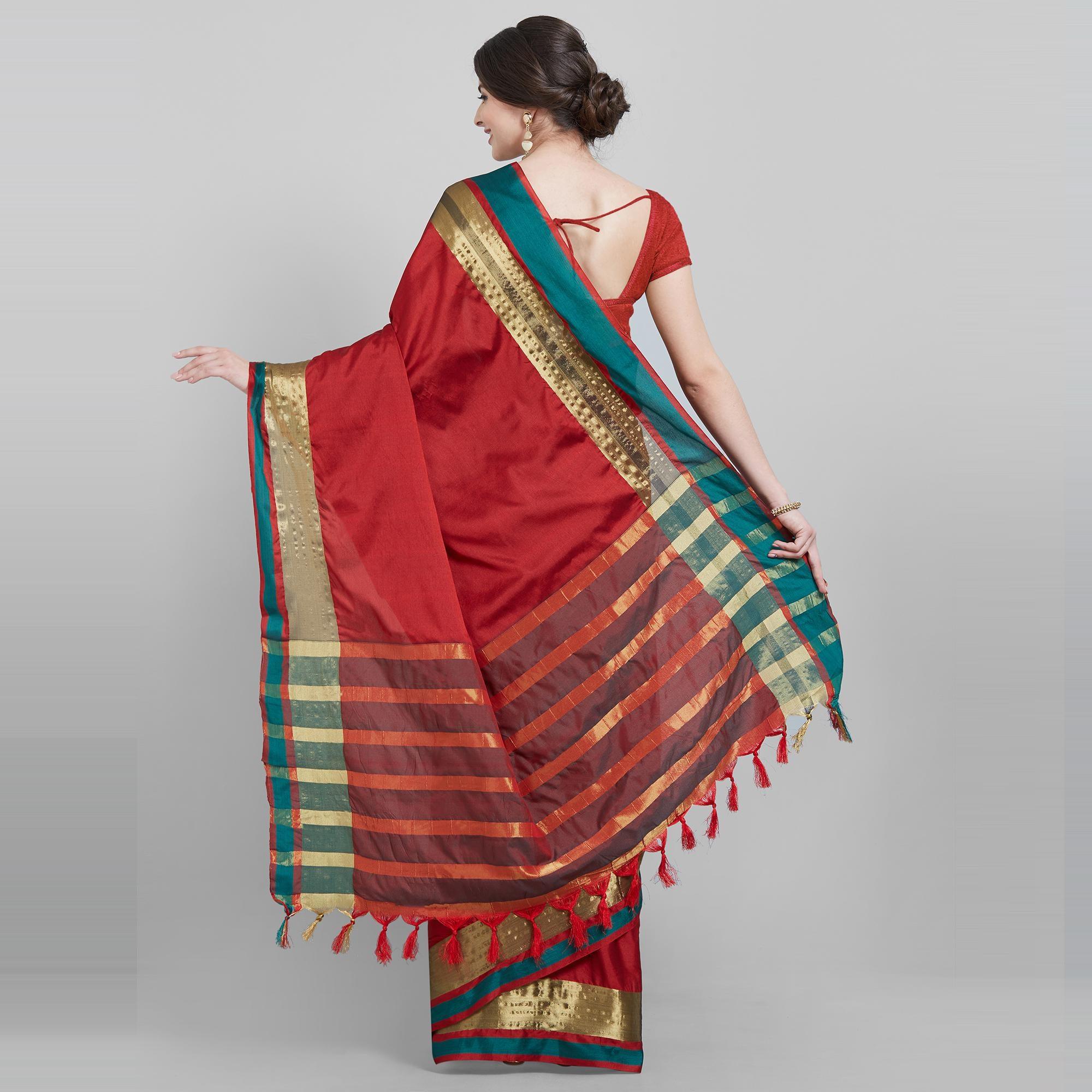 Refreshing Maroon Colored Festive Wear Woven Cotton Silk Saree - Peachmode