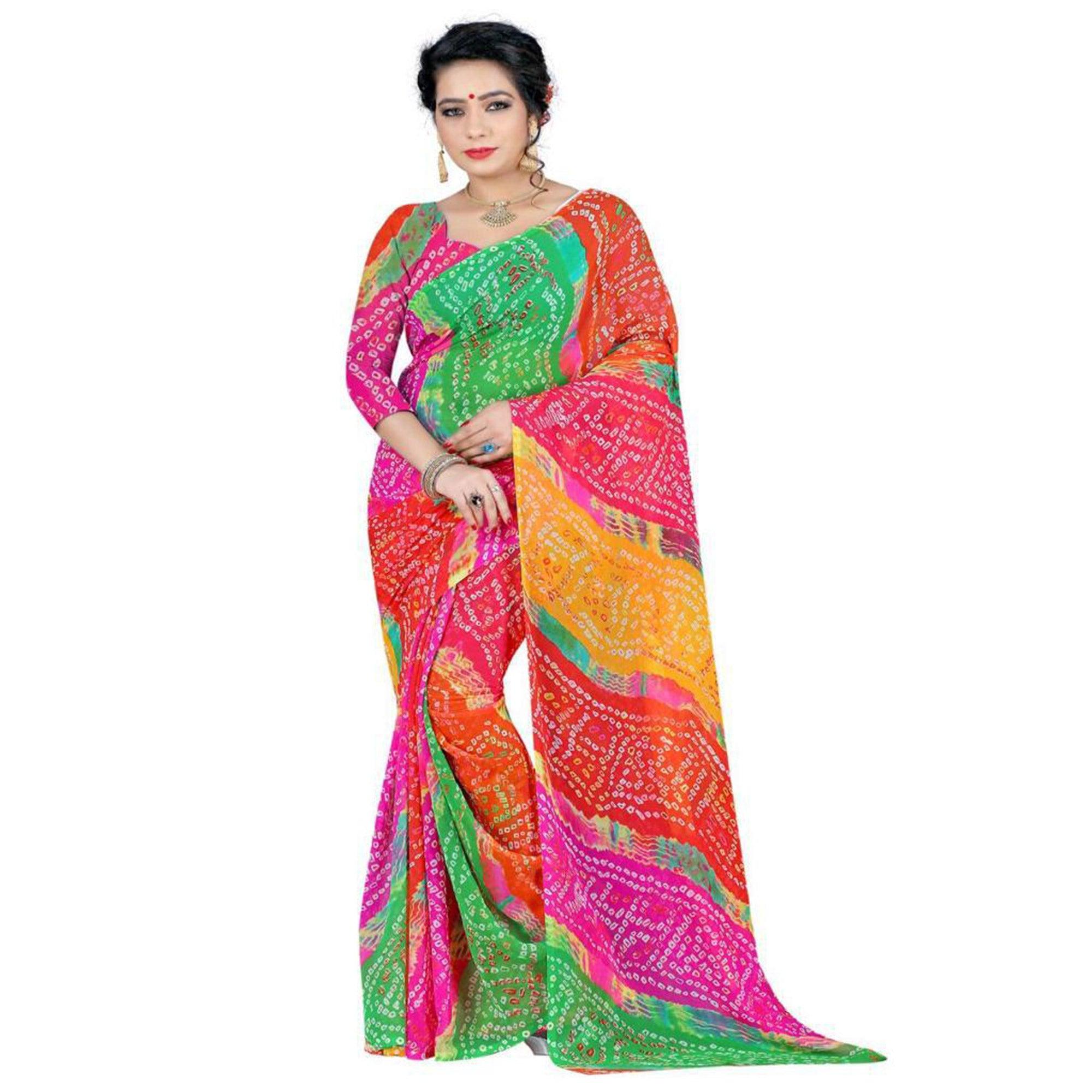 Refreshing Multicolor Coloured Casual Wear Printed Georgette Saree - Peachmode