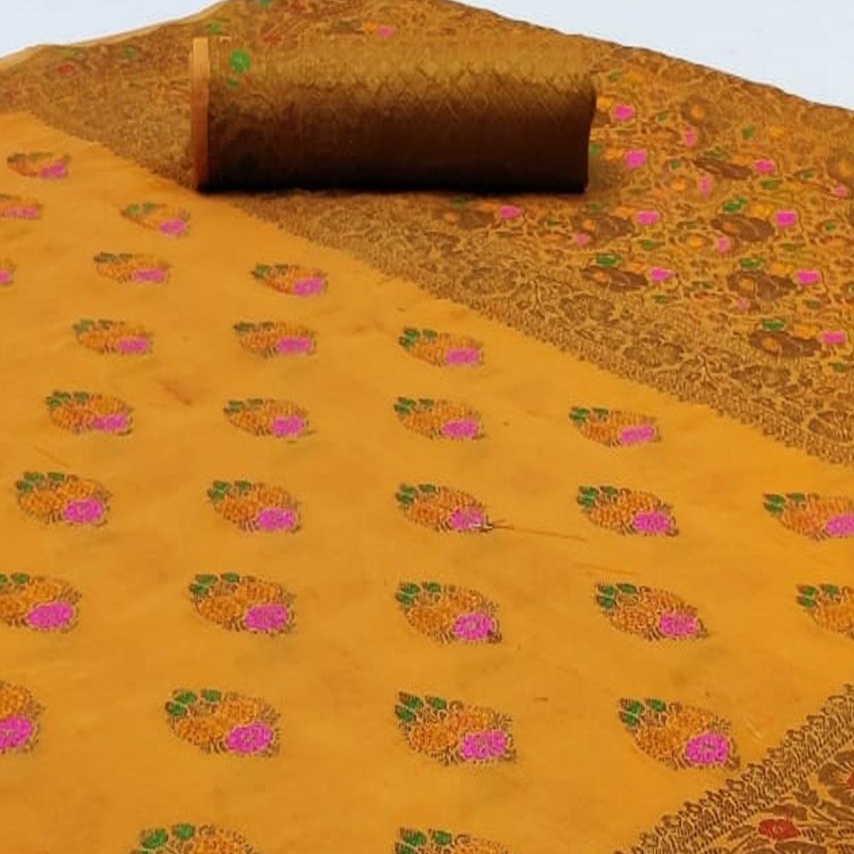 Refreshing Mustard Yellow Colored Festive Wear Woven Cotton Saree - Peachmode