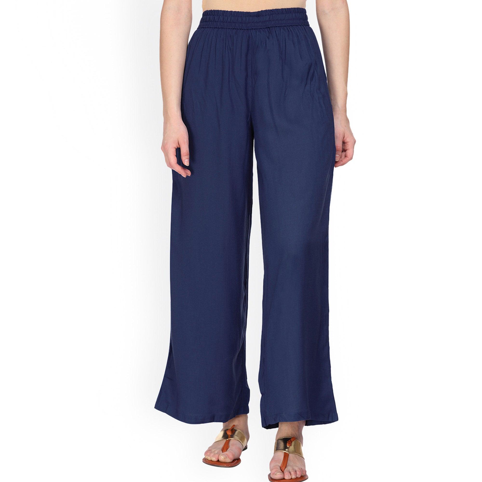 Refreshing Navy Blue Colored Casual Wear Rayon Palazzo - Peachmode