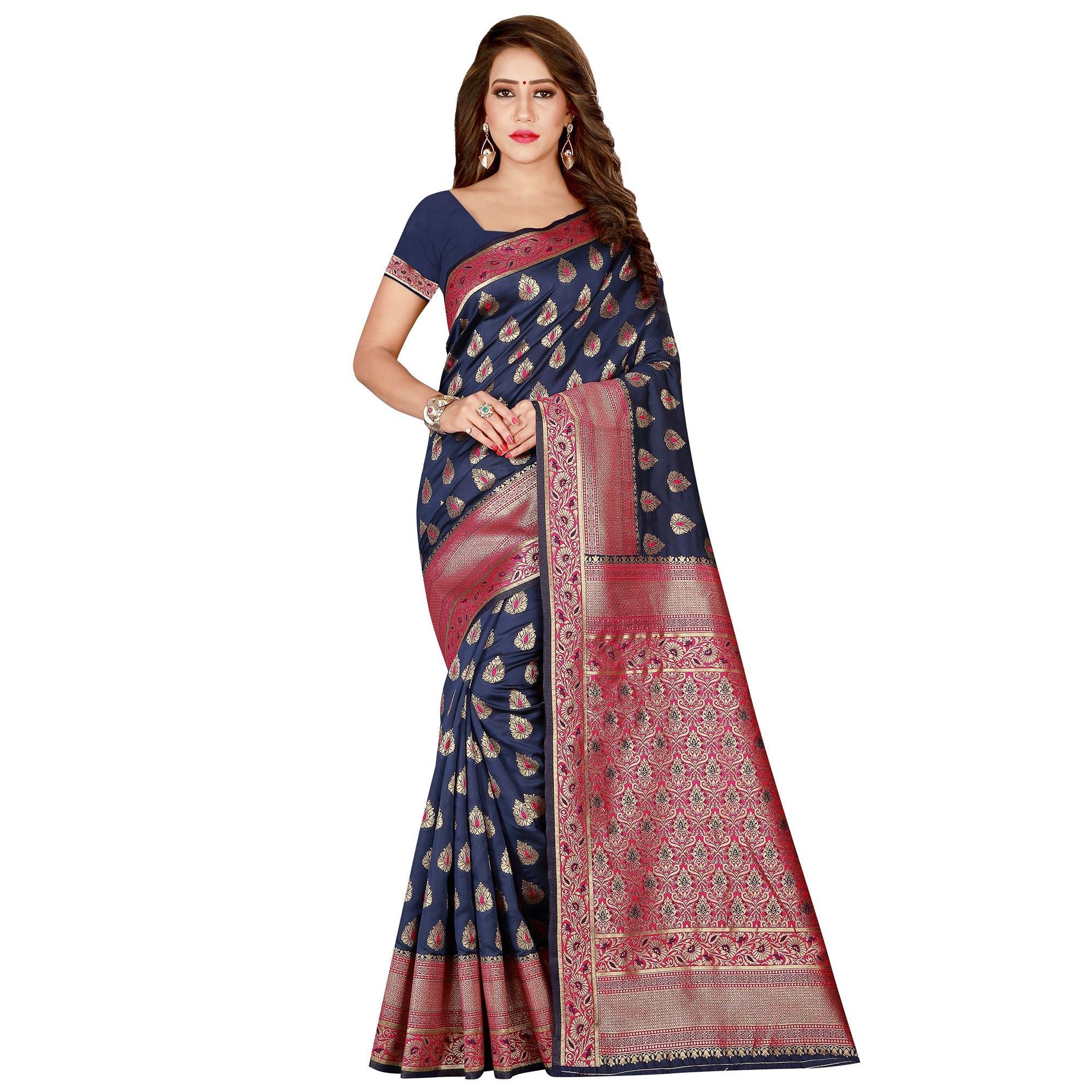 Refreshing Navy Blue Colored Festive Wear Banarasi Silk Saree - Peachmode
