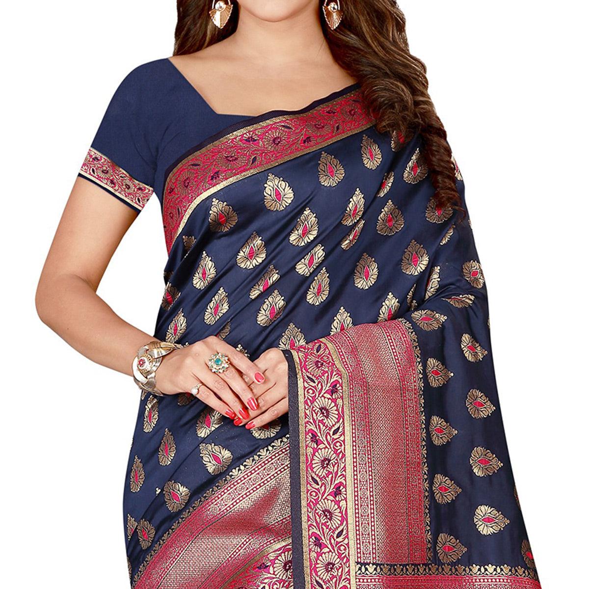Refreshing Navy Blue Colored Festive Wear Banarasi Silk Saree - Peachmode