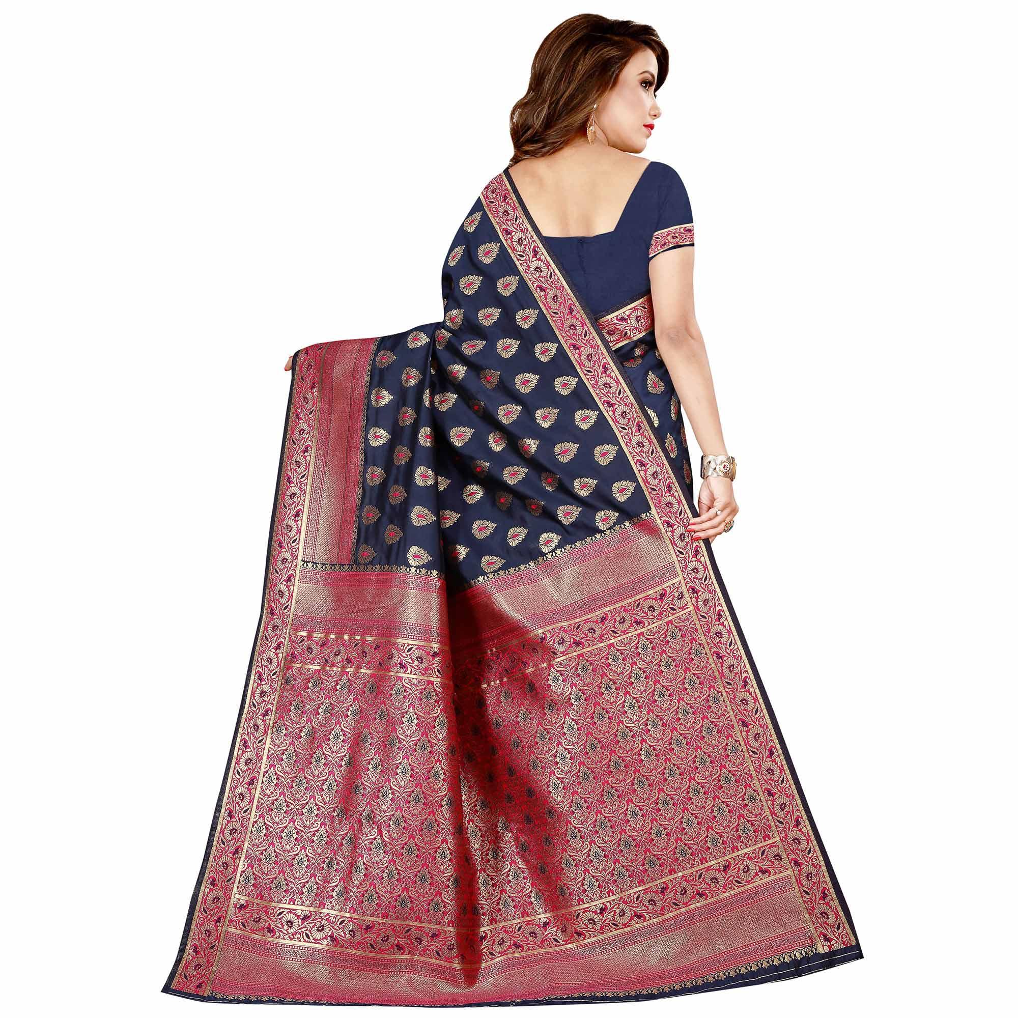 Refreshing Navy Blue Colored Festive Wear Banarasi Silk Saree - Peachmode