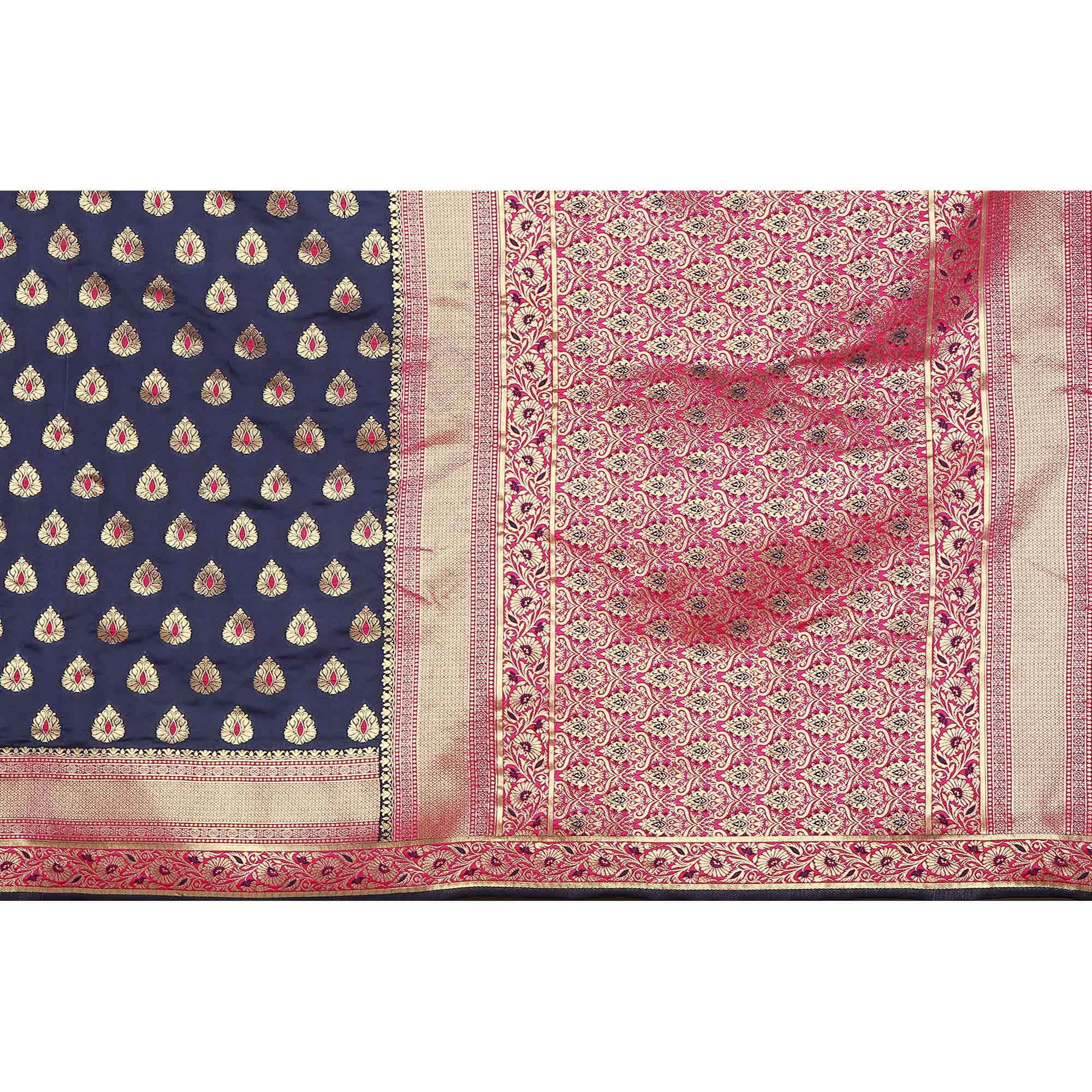 Refreshing Navy Blue Colored Festive Wear Banarasi Silk Saree - Peachmode