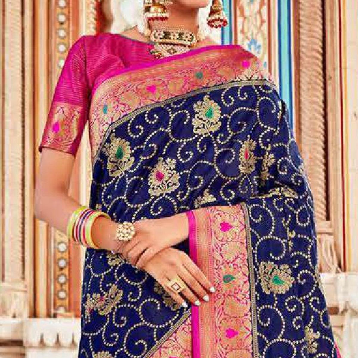 Refreshing Navy Blue Colored Festive Wear Woven Art Silk Saree - Peachmode