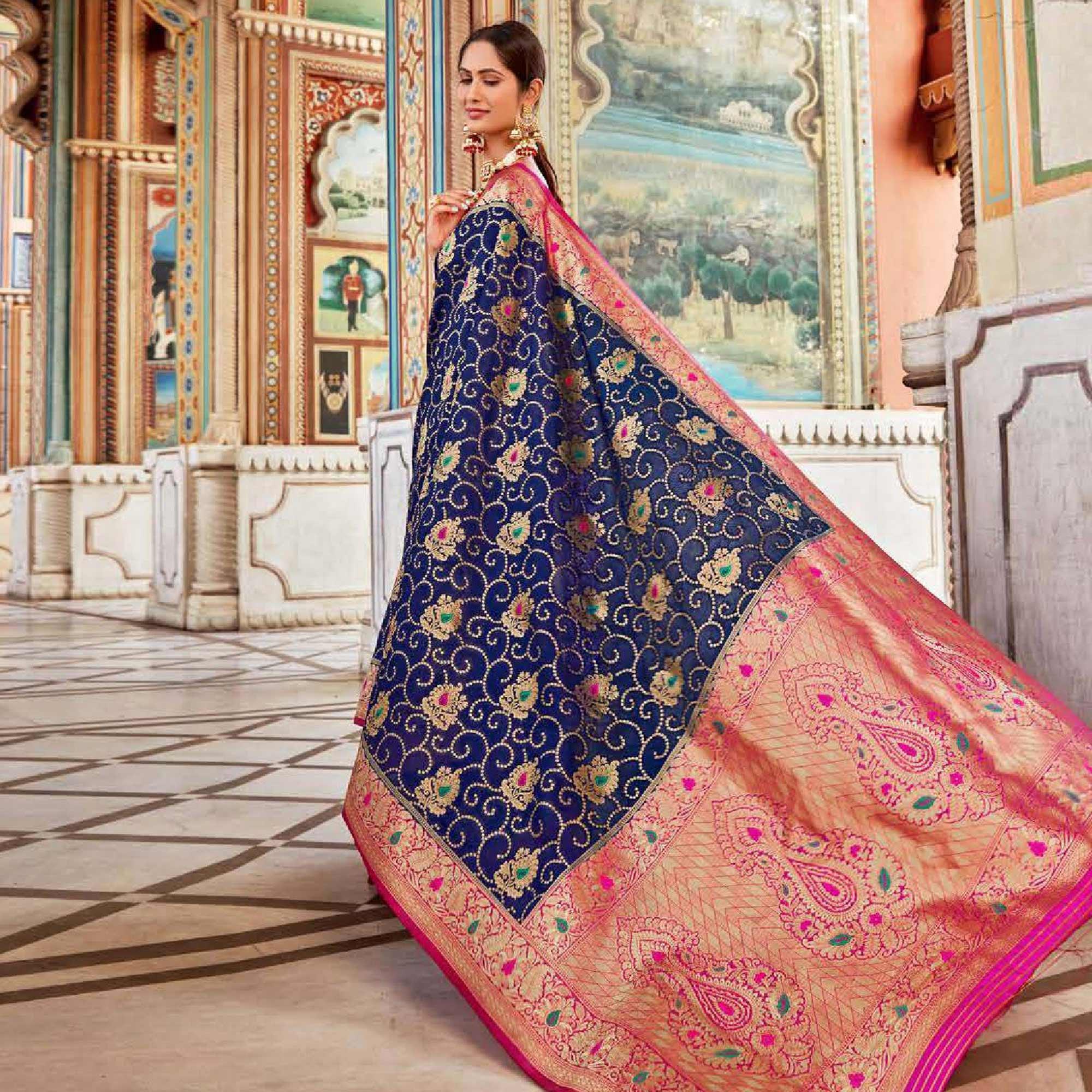 Refreshing Navy Blue Colored Festive Wear Woven Art Silk Saree - Peachmode
