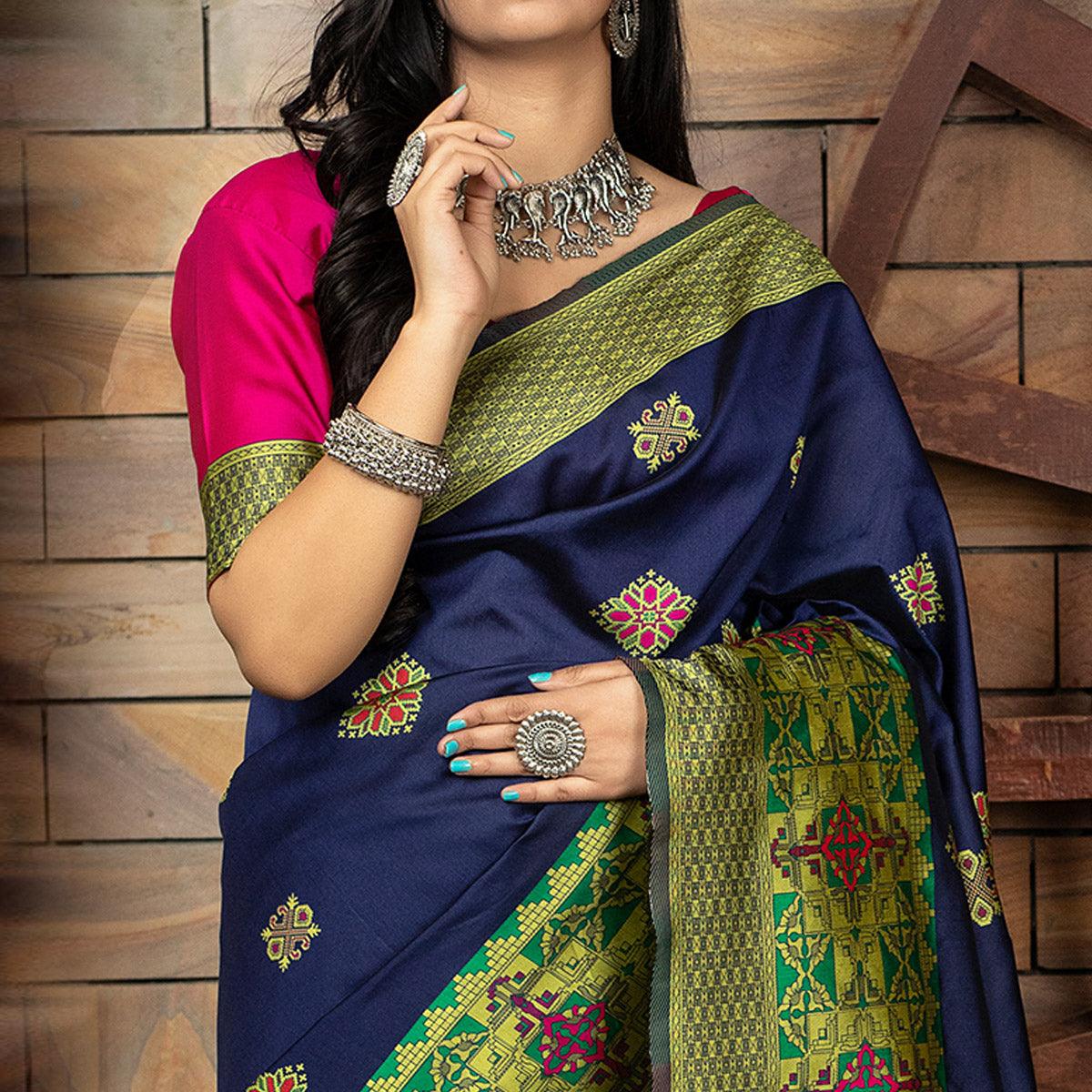 Refreshing Navy Blue Colored Festive Wear Woven Banarasi Silk Saree - Peachmode