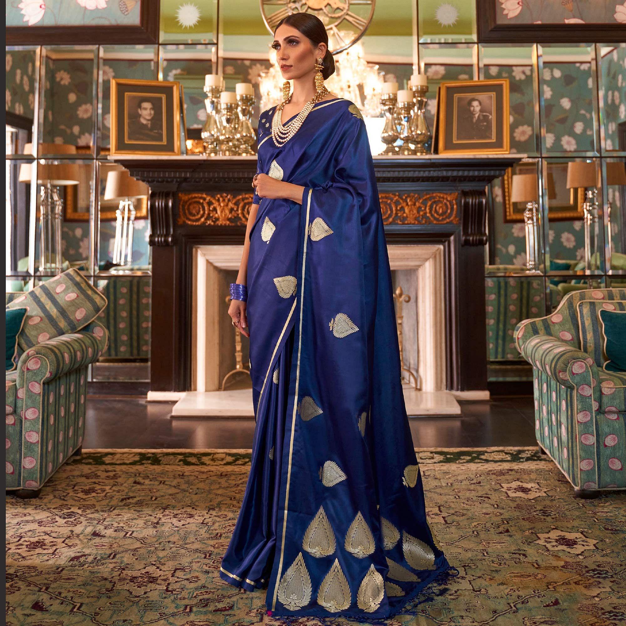 Refreshing Navy Blue Colored Festive Wear Woven Pure Satin Silk Saree - Peachmode