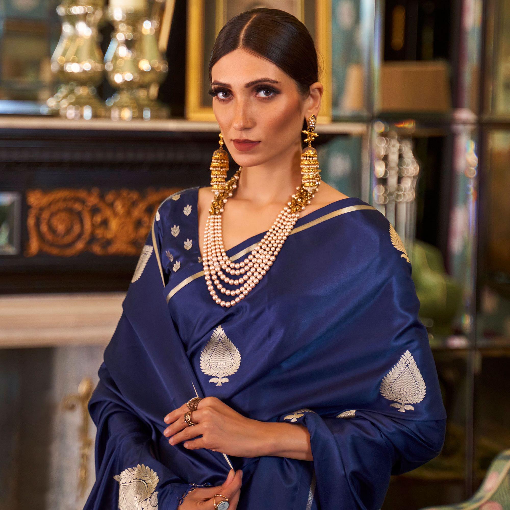 Refreshing Navy Blue Colored Festive Wear Woven Pure Satin Silk Saree - Peachmode
