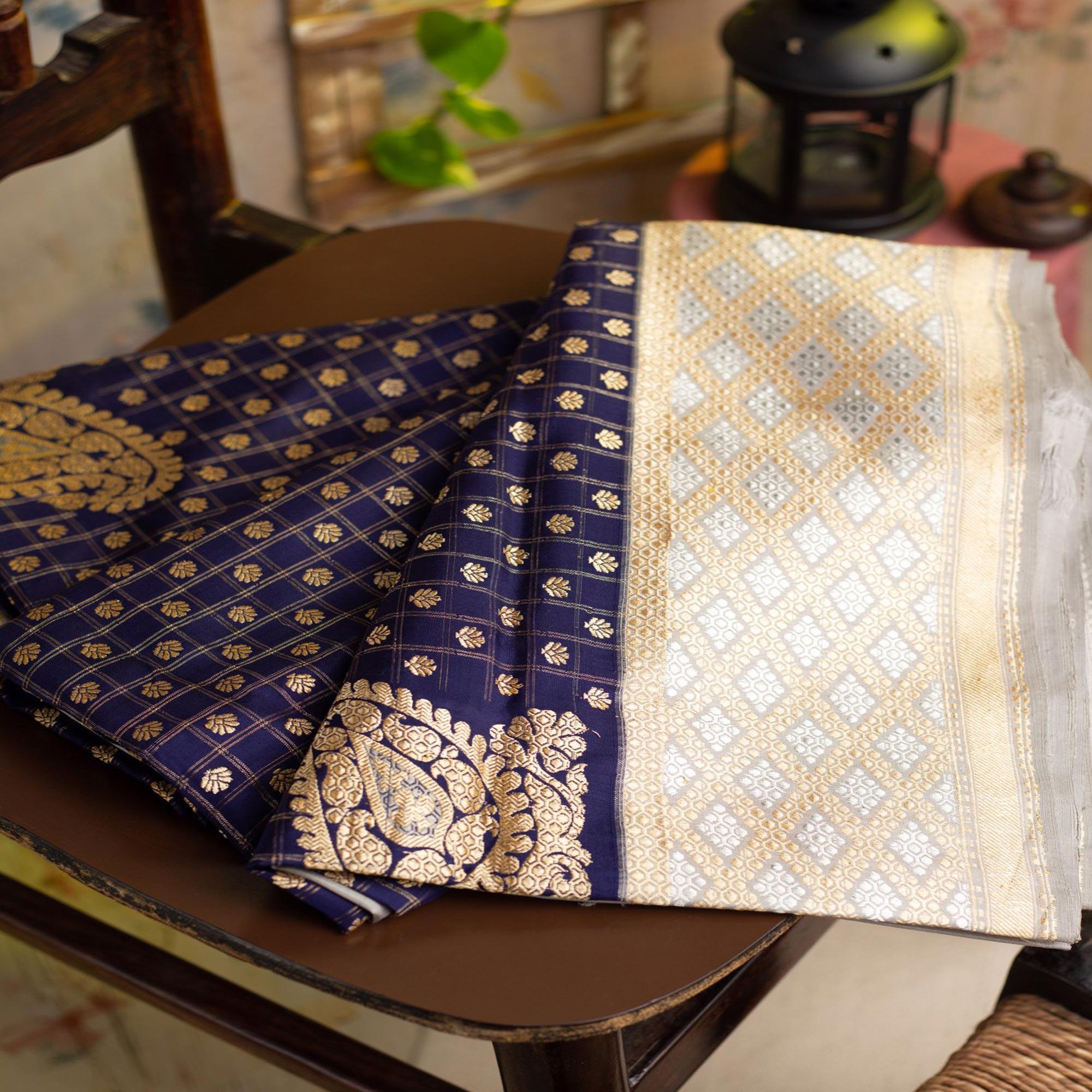 Refreshing Navy Blue Colored Festive Woven Heavy Nylon Banarasi Silk Saree - Peachmode