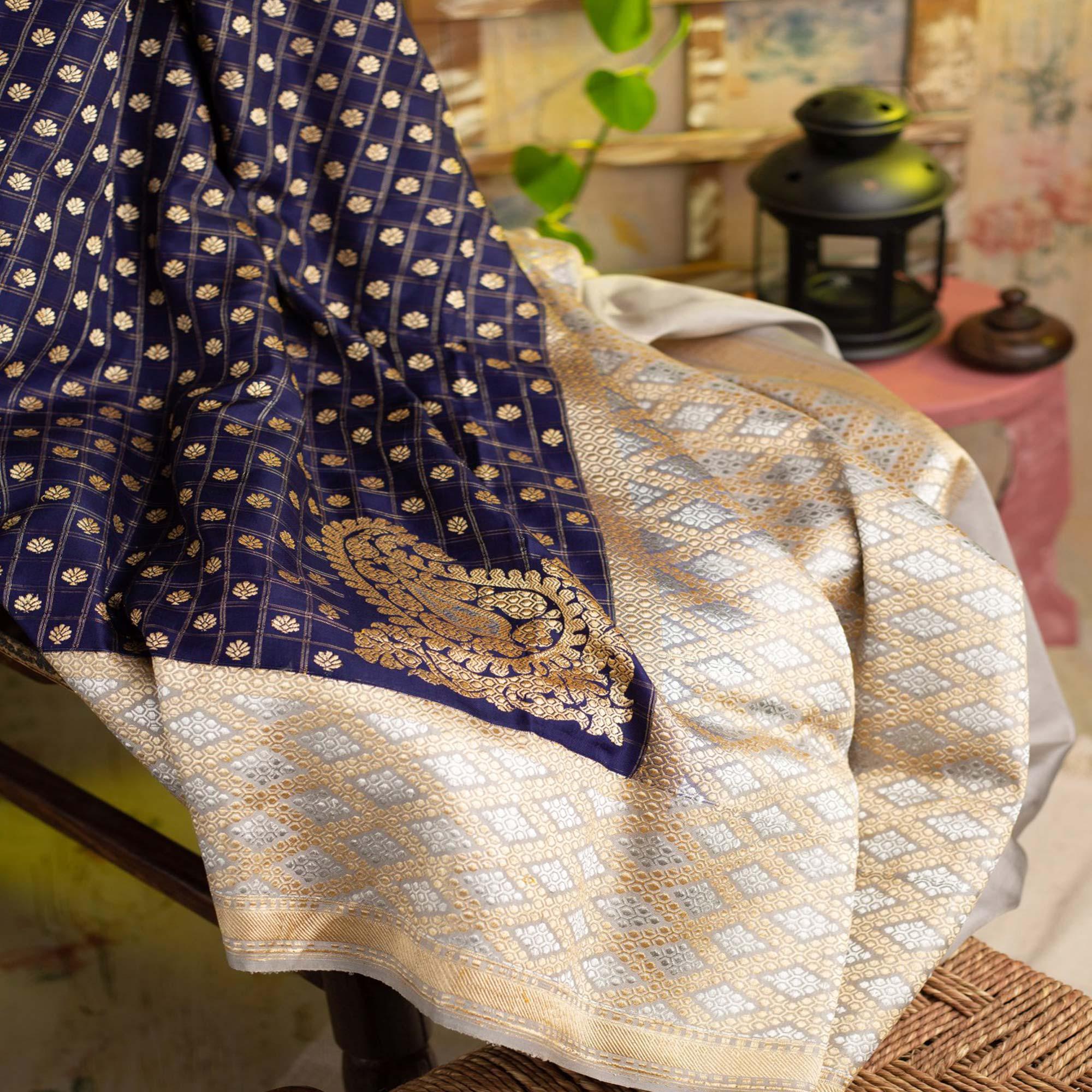 Refreshing Navy Blue Colored Festive Woven Heavy Nylon Banarasi Silk Saree - Peachmode