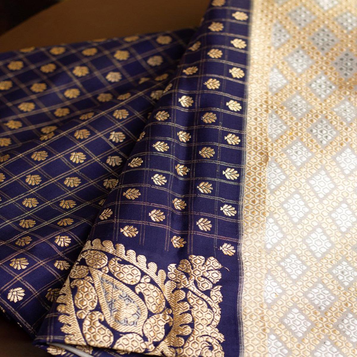 Refreshing Navy Blue Colored Festive Woven Heavy Nylon Banarasi Silk Saree - Peachmode