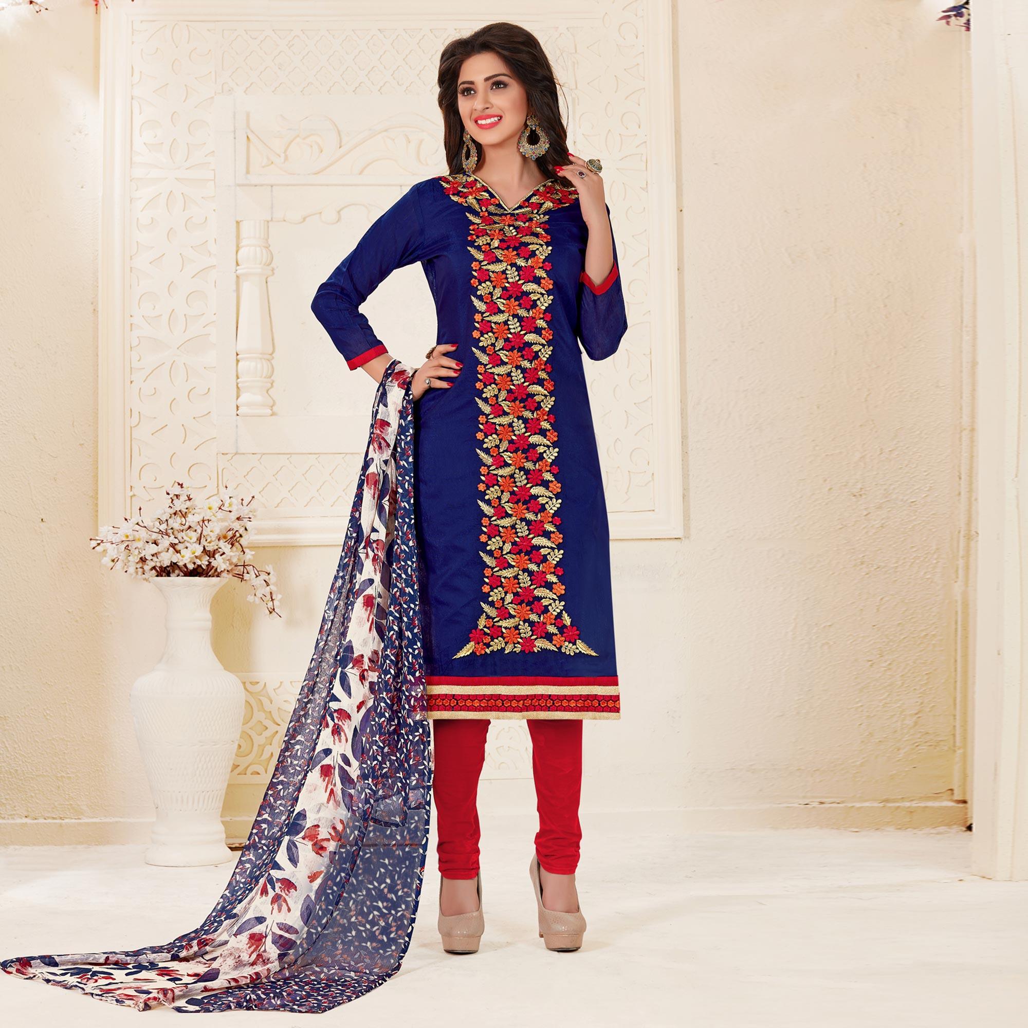 Refreshing Navy Blue Colored Partywear Embroidered Chanderi Suit - Peachmode