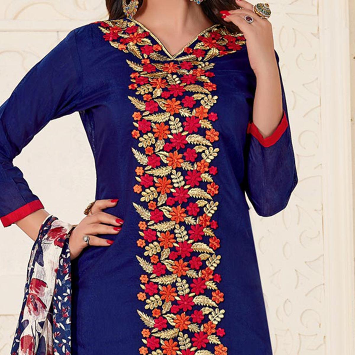 Refreshing Navy Blue Colored Partywear Embroidered Chanderi Suit - Peachmode