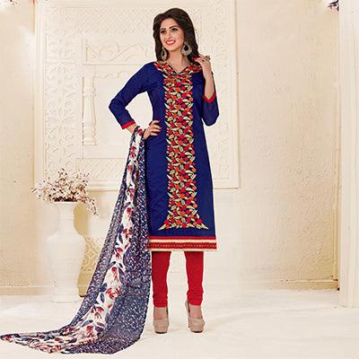 Refreshing Navy Blue Colored Partywear Embroidered Chanderi Suit - Peachmode