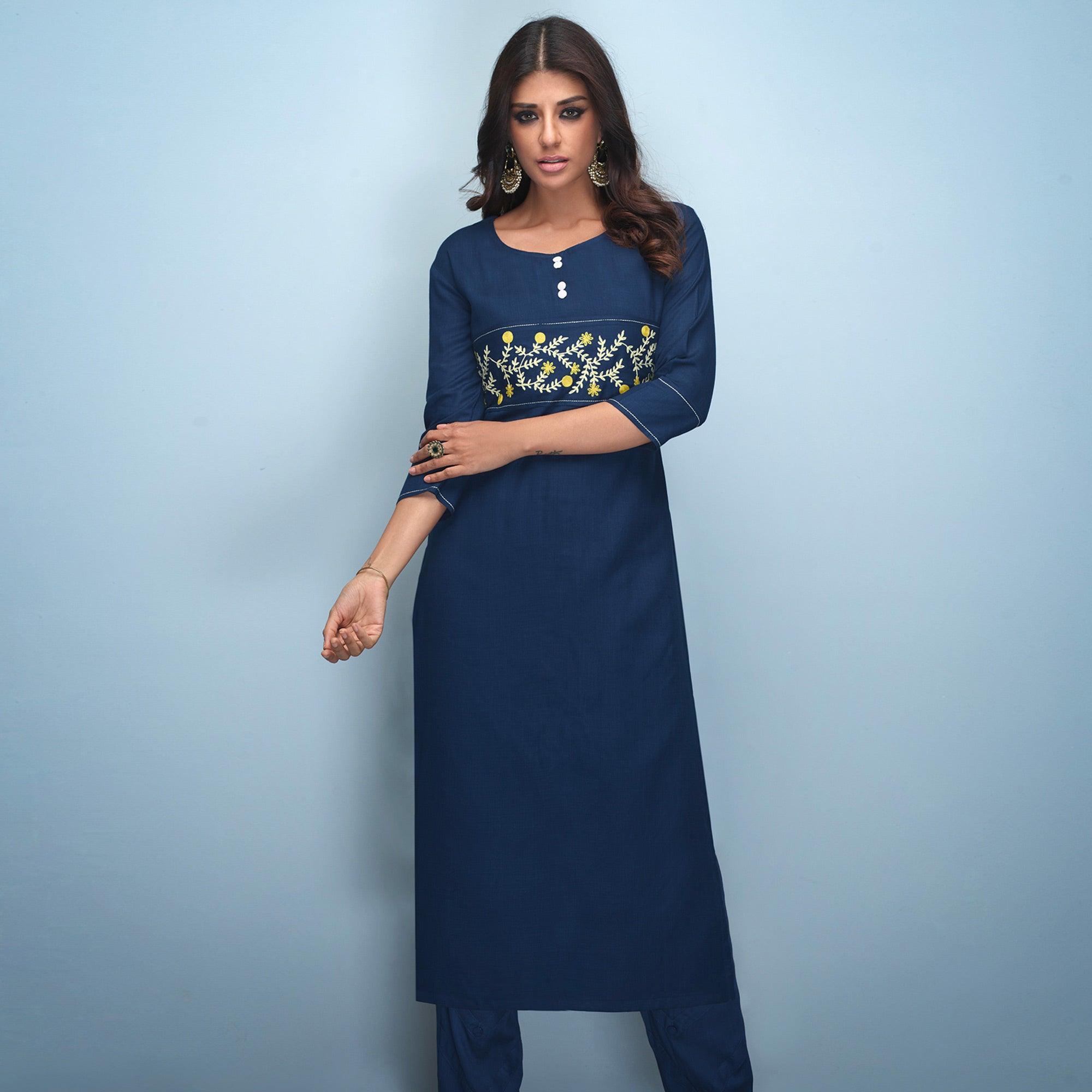 Refreshing Navy Blue Colored Partywear Embroidered Rayon Kurti - Peachmode