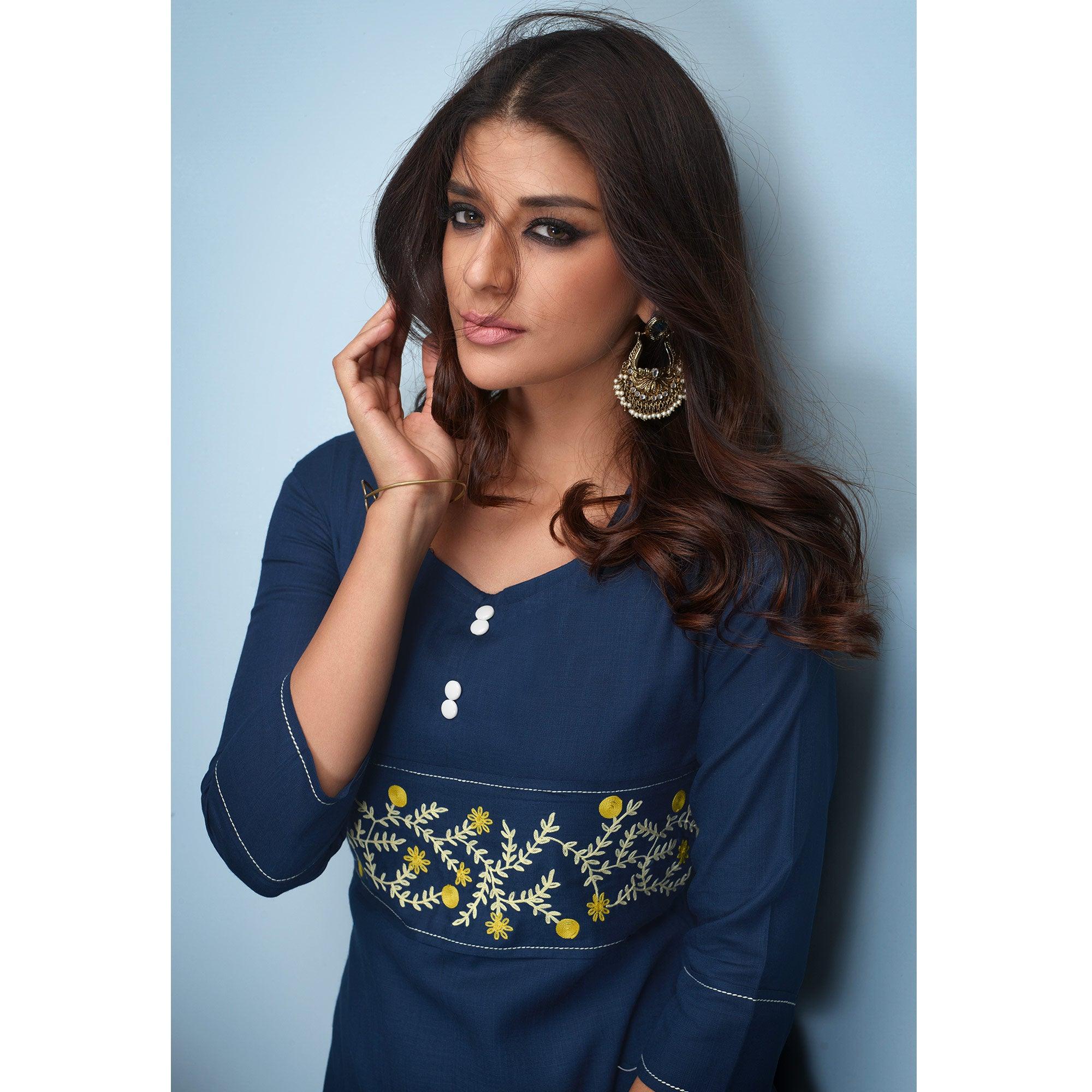 Refreshing Navy Blue Colored Partywear Embroidered Rayon Kurti - Peachmode