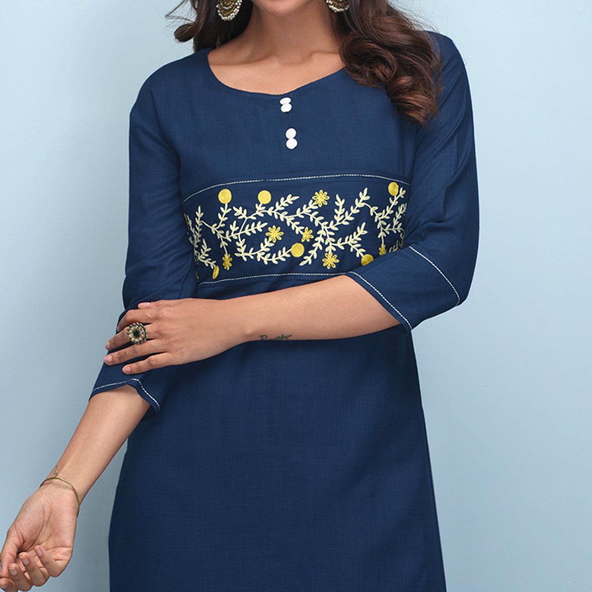 Refreshing Navy Blue Colored Partywear Embroidered Rayon Kurti - Peachmode
