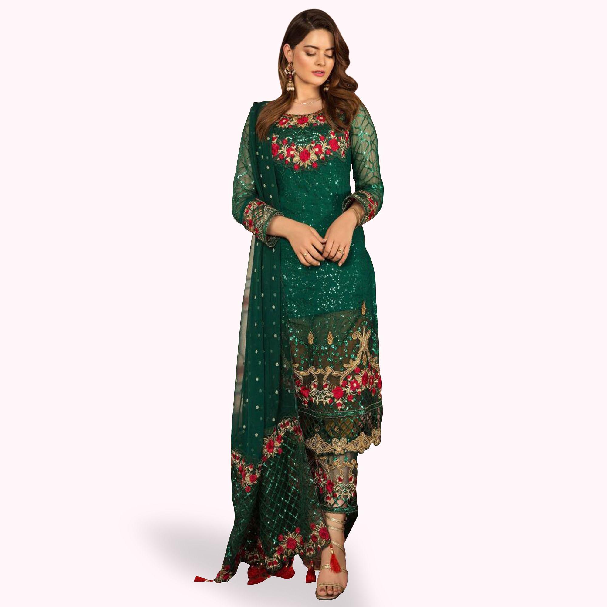 Refreshing Ocean Green Colored Partywear Embroidered Georgette Pant Style Kashmiri Suit - Peachmode
