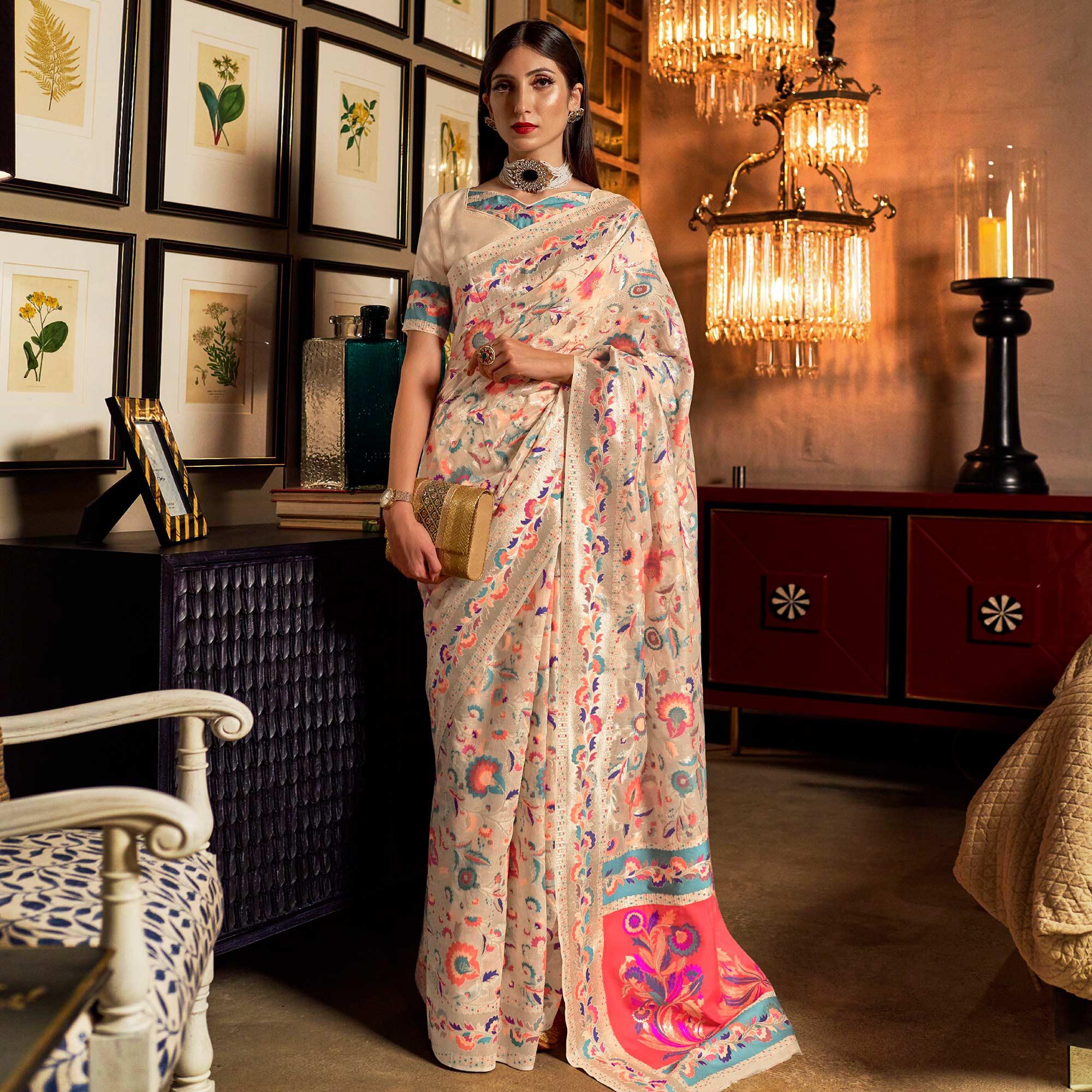Refreshing Offwhite Colored Festive Wear Woven Chanderi Saree - Peachmode