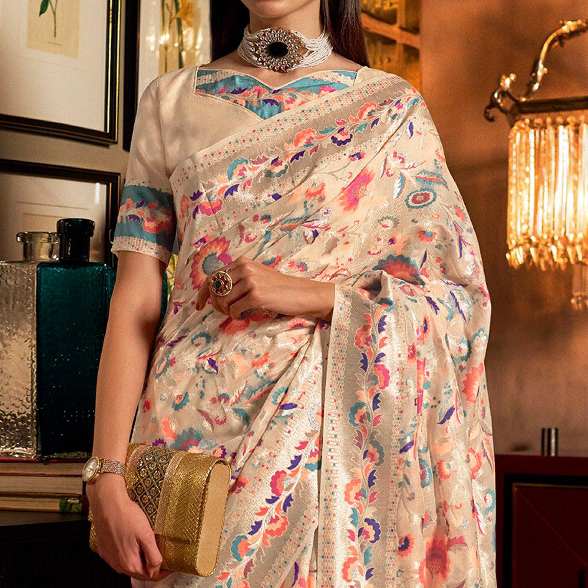Refreshing Offwhite Colored Festive Wear Woven Chanderi Saree - Peachmode