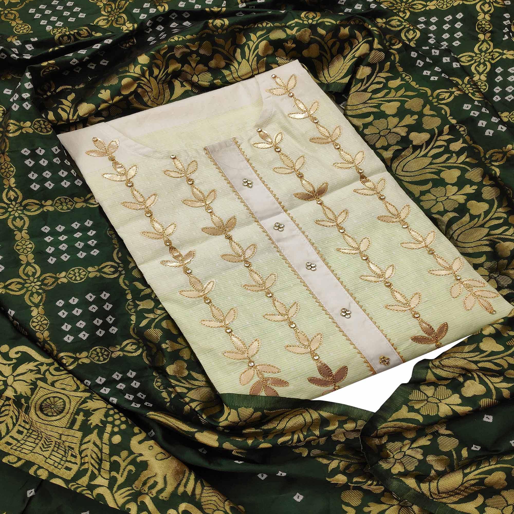 Refreshing Offwhite - Green Colored Casual Embroidered Cotton Dress Material - Peachmode