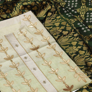 Refreshing Offwhite - Green Colored Casual Embroidered Cotton Dress Material - Peachmode