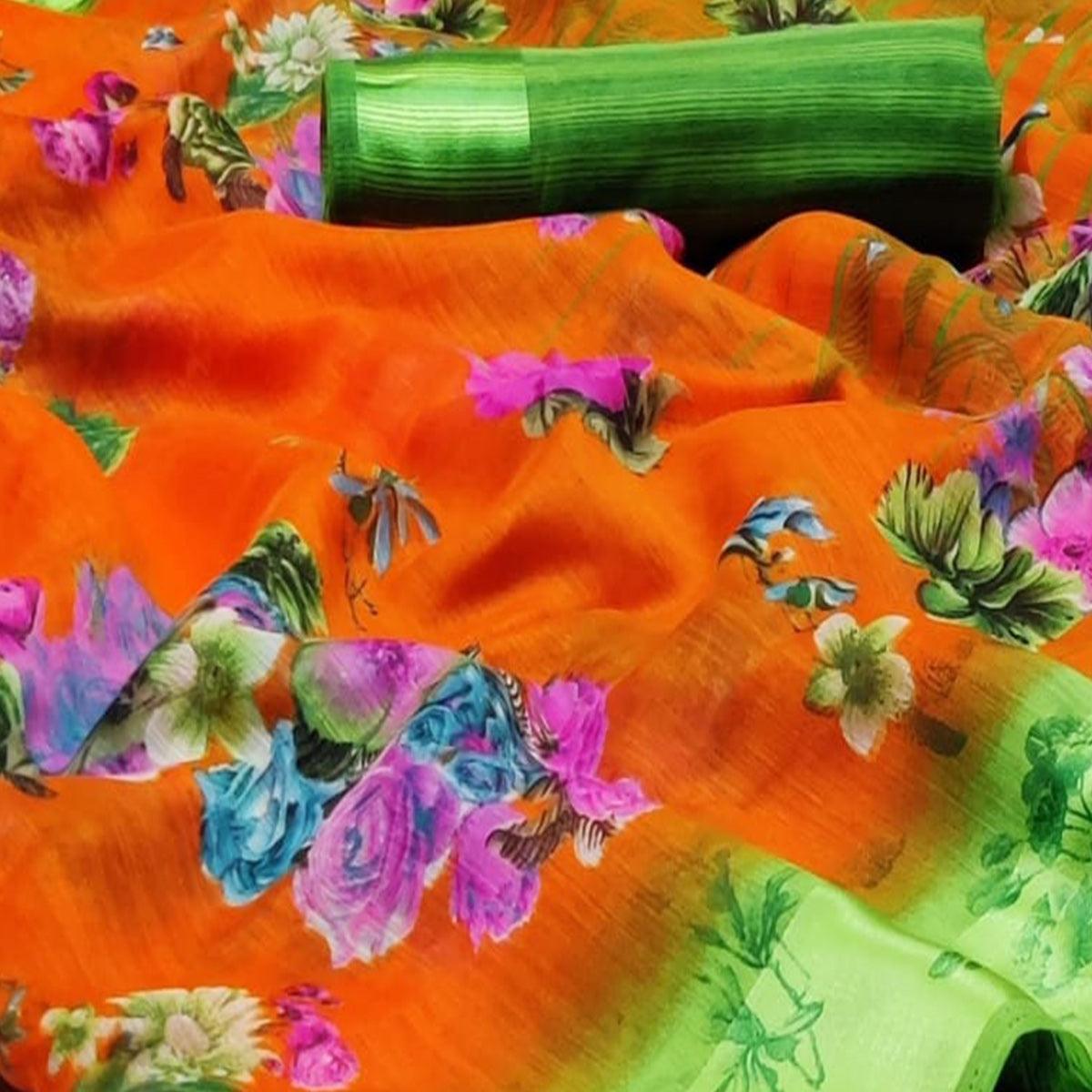 Refreshing Orange Colored Casual Wear Fancy Printed Linen Saree - Peachmode
