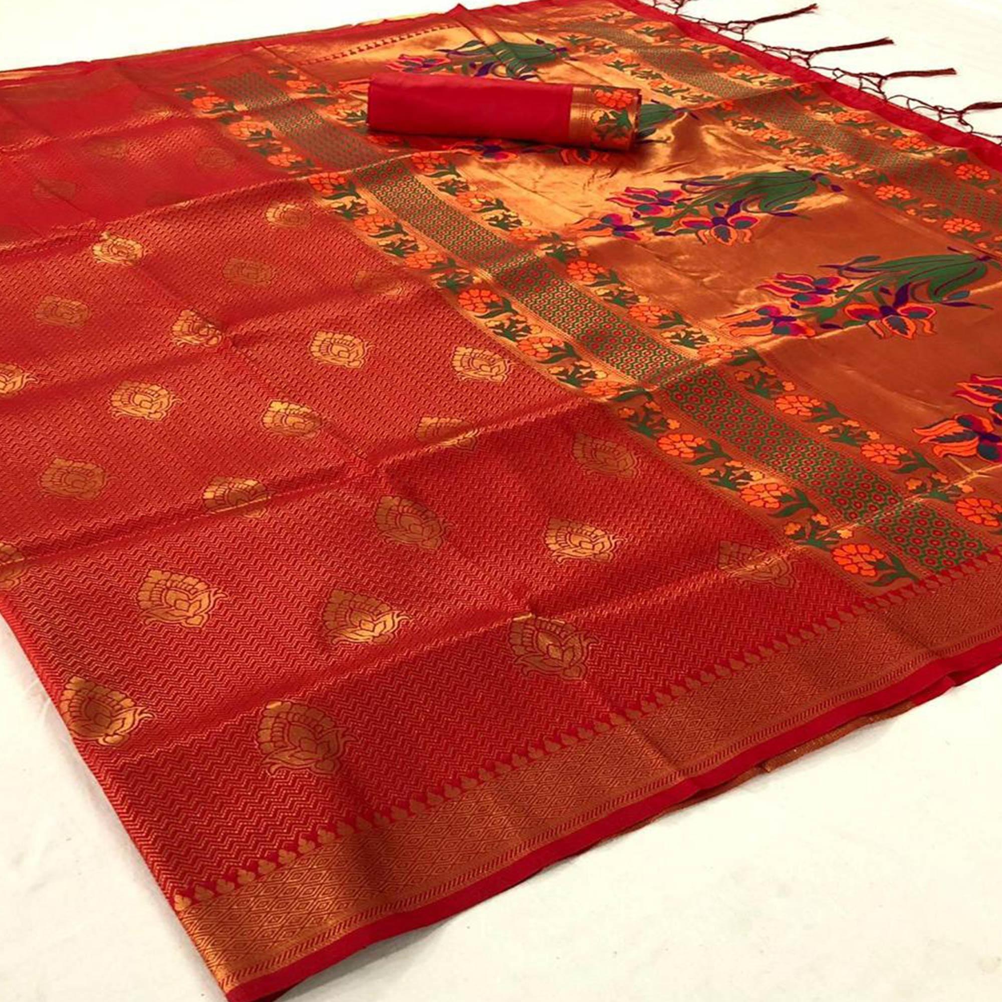 Refreshing Orange Colored Festive Wear Woven Pure Soft Silk Saree - Peachmode