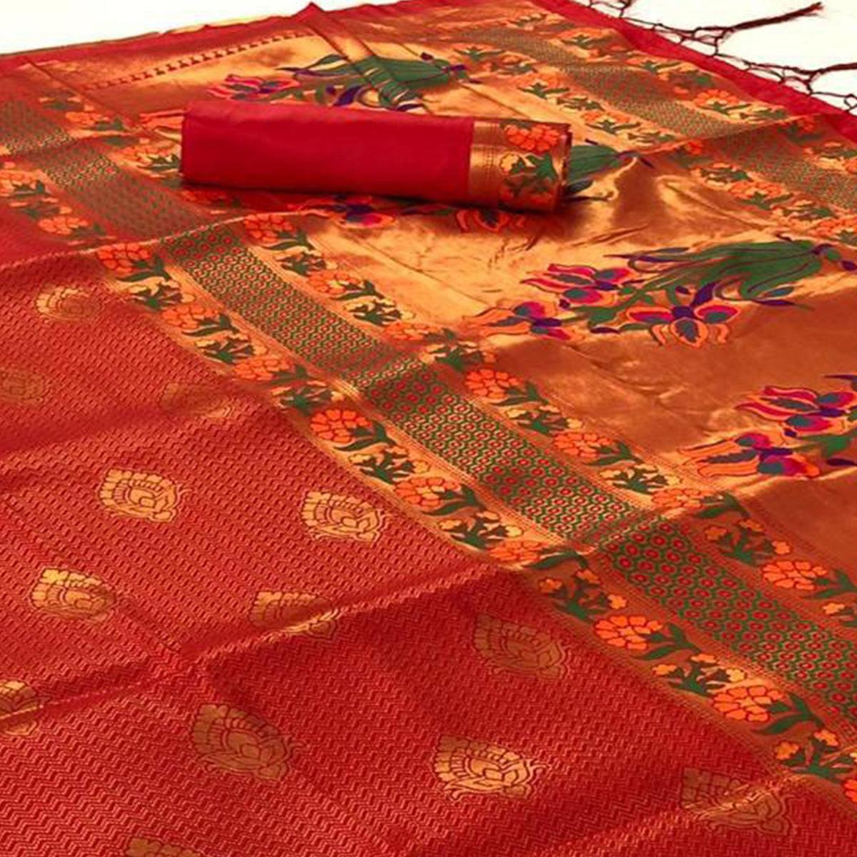 Refreshing Orange Colored Festive Wear Woven Pure Soft Silk Saree - Peachmode