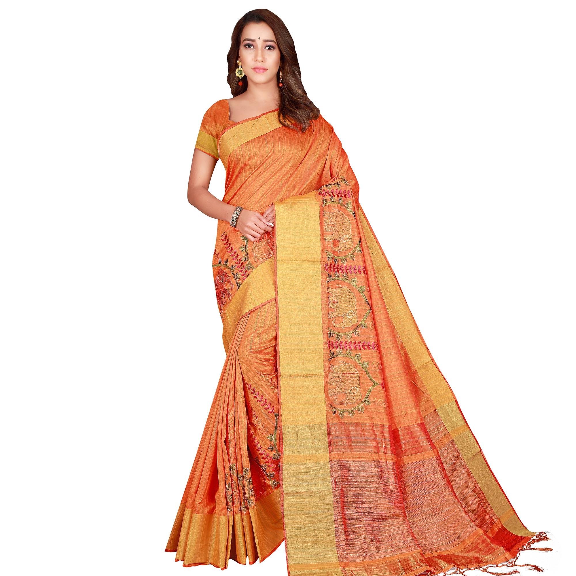 Refreshing Orange Colored Festive Wear Woven Silk Saree - Peachmode