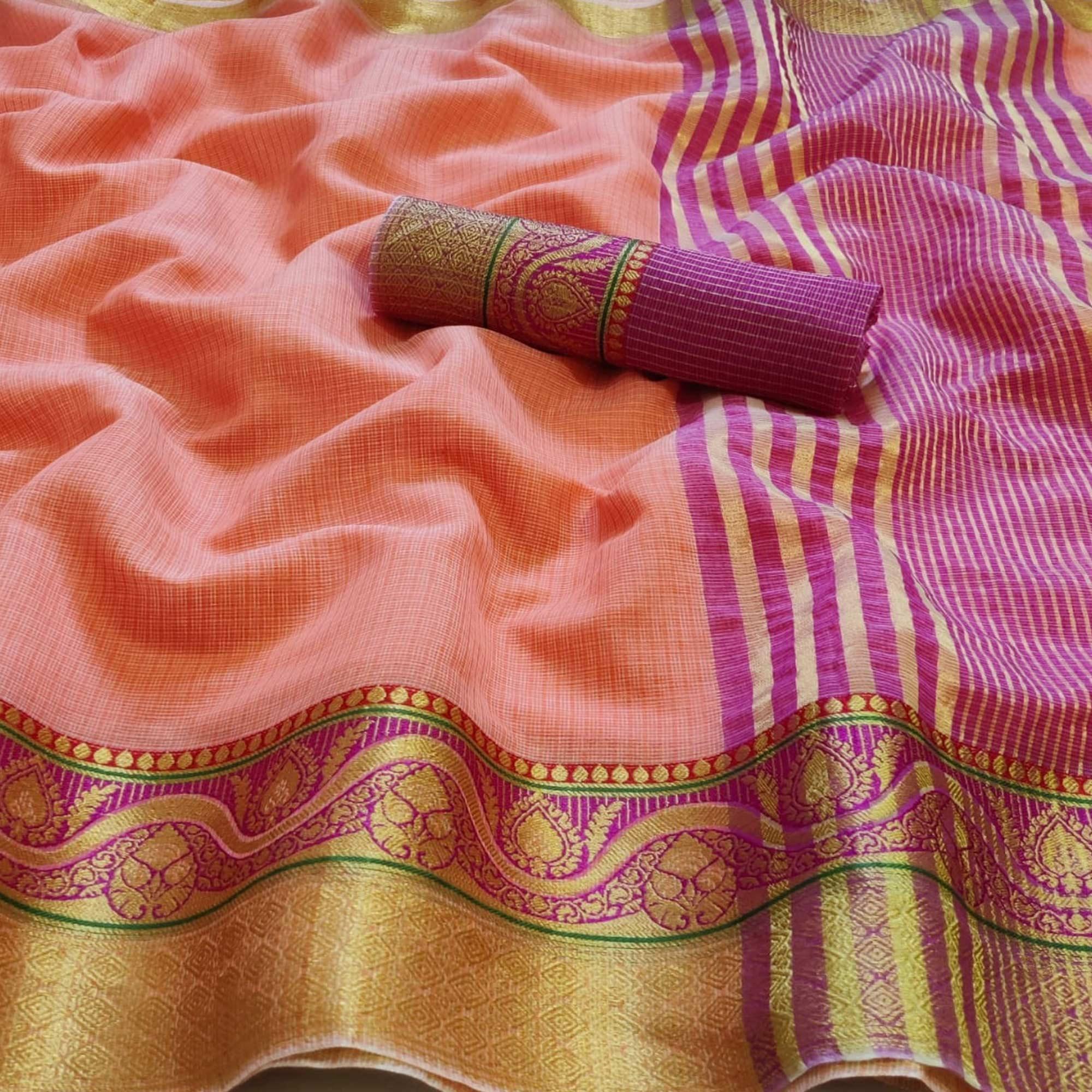 Refreshing Peach Colored Festive Wear Woven Silk Saree - Peachmode