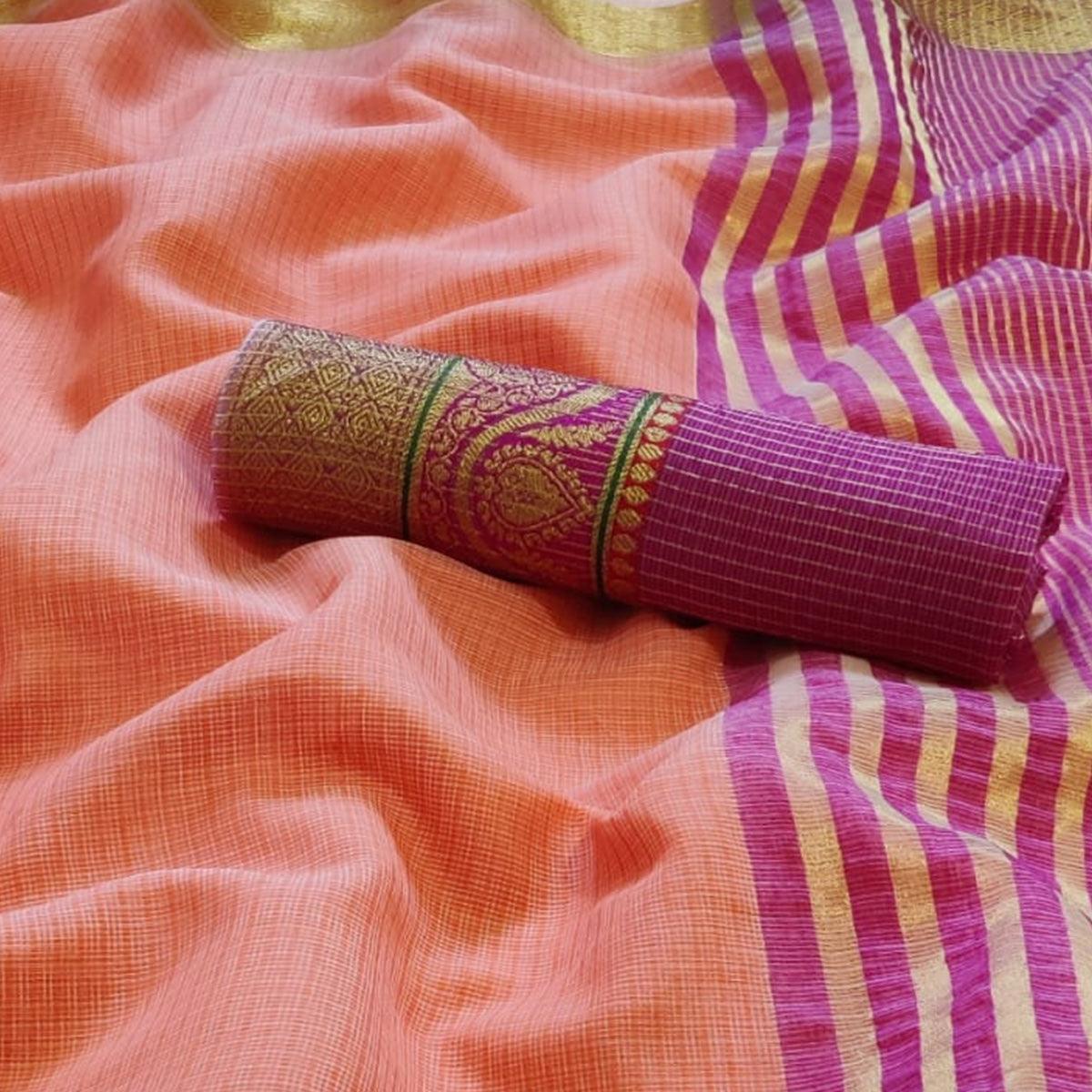 Refreshing Peach Colored Festive Wear Woven Silk Saree - Peachmode