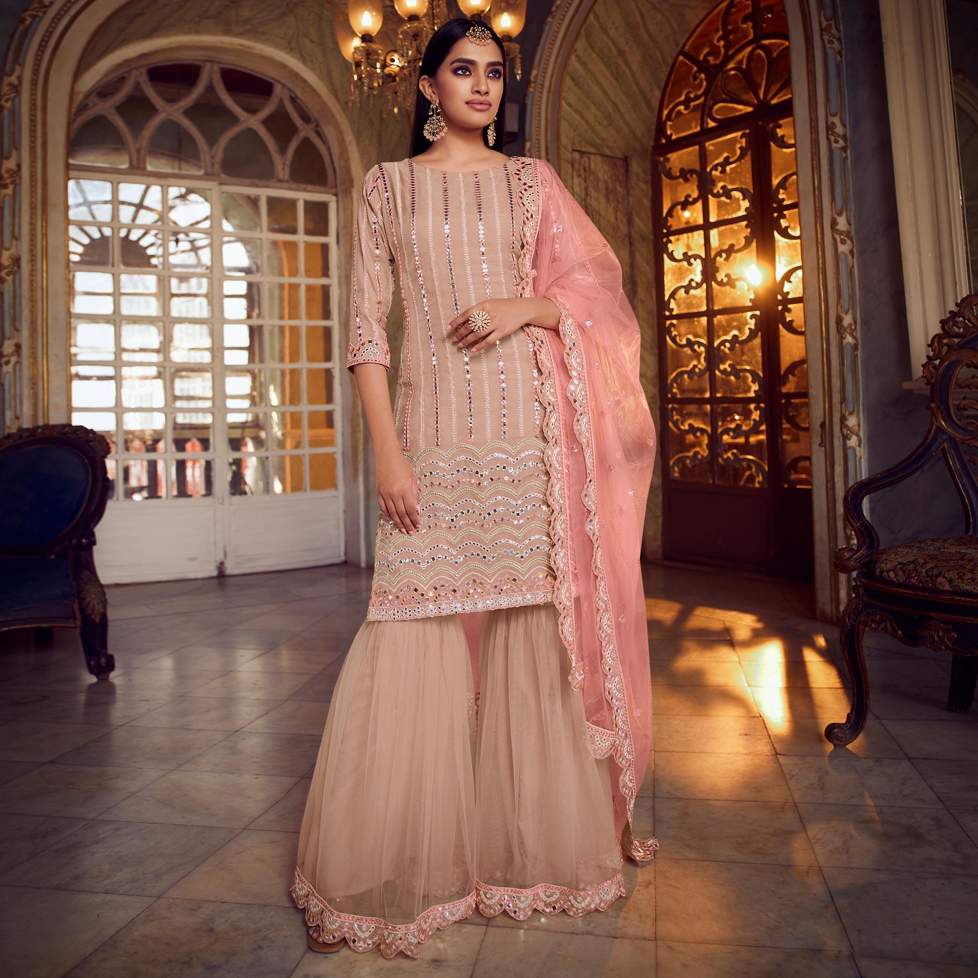 Refreshing Peach Coloured Partywear Thread Foil Mirror Work Organza Pallazo Suit - Peachmode