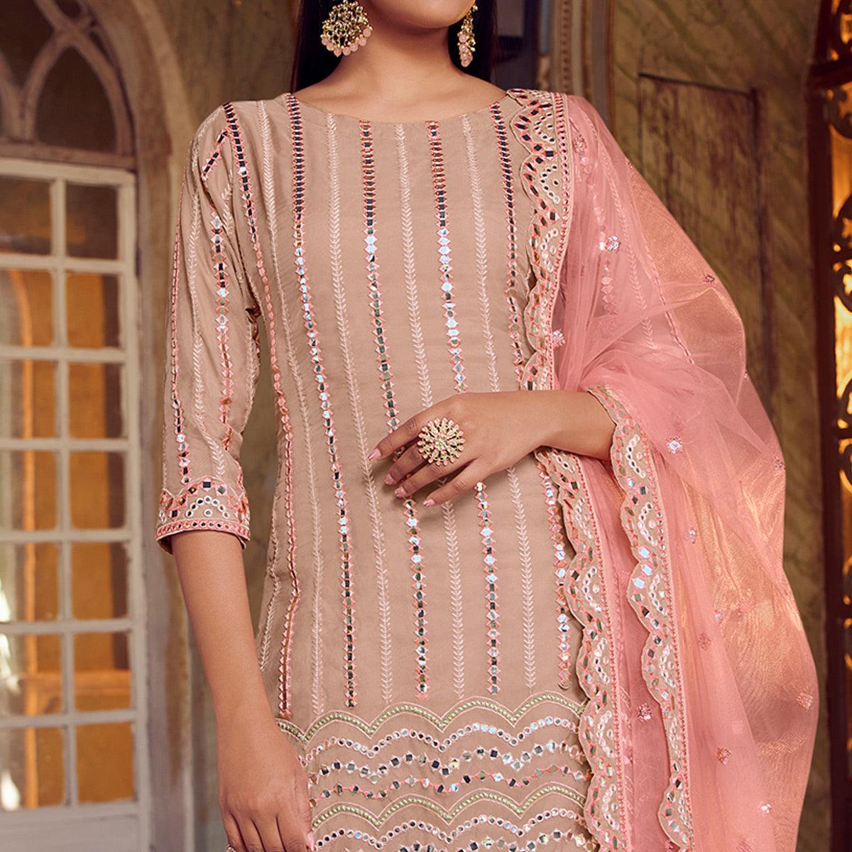 Refreshing Peach Coloured Partywear Thread Foil Mirror Work Organza Pallazo Suit - Peachmode