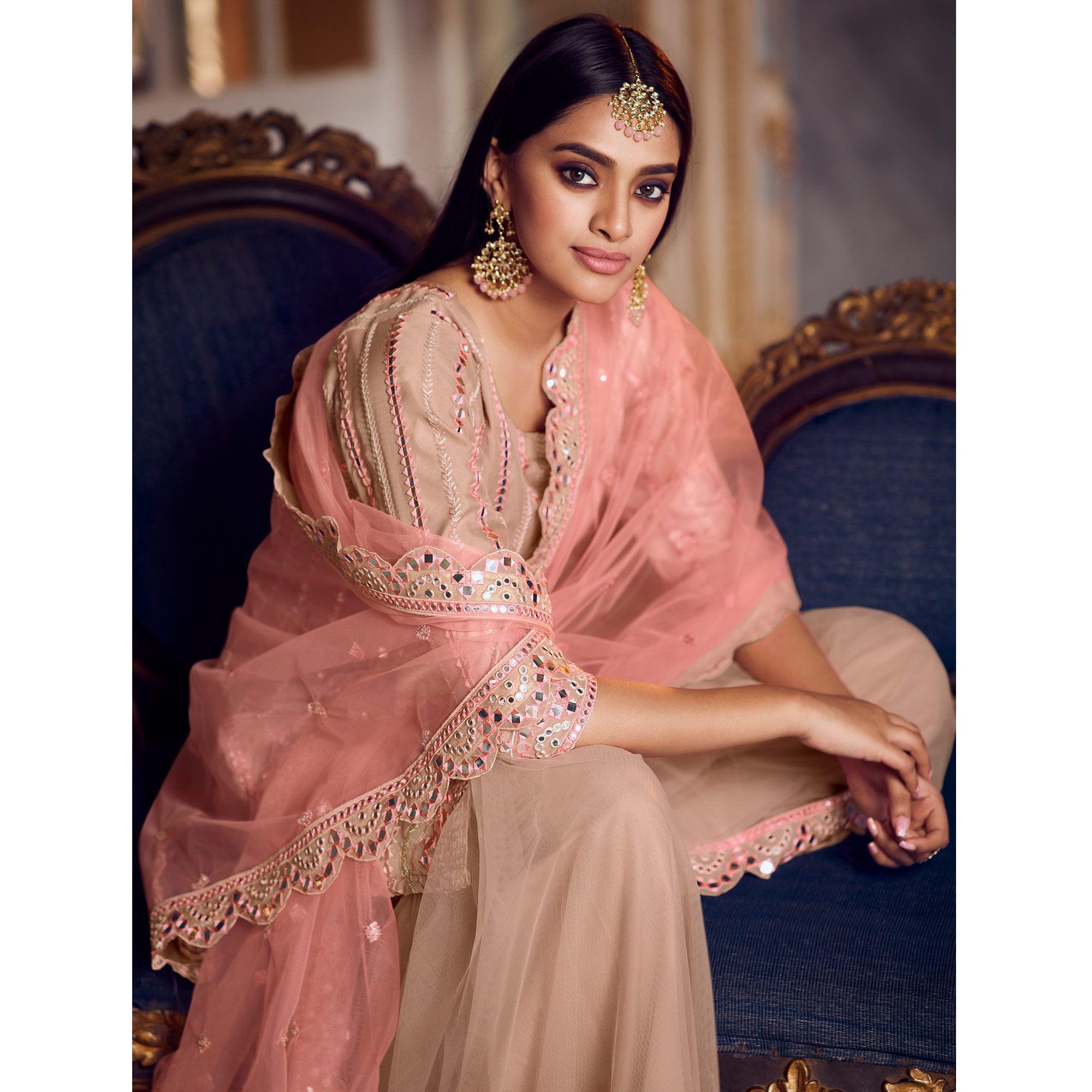 Refreshing Peach Coloured Partywear Thread Foil Mirror Work Organza Pallazo Suit - Peachmode
