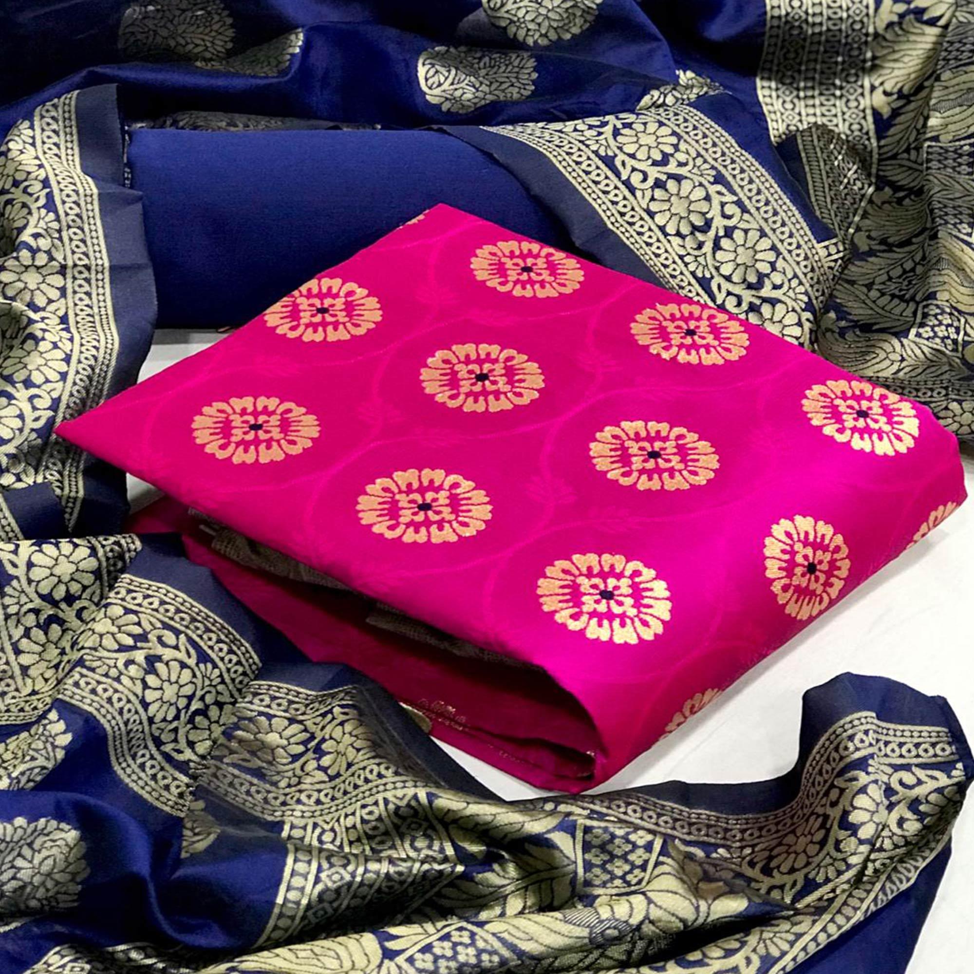 Refreshing Pink Colored Casual Wear Woven Banarasi Silk Dress Material - Peachmode