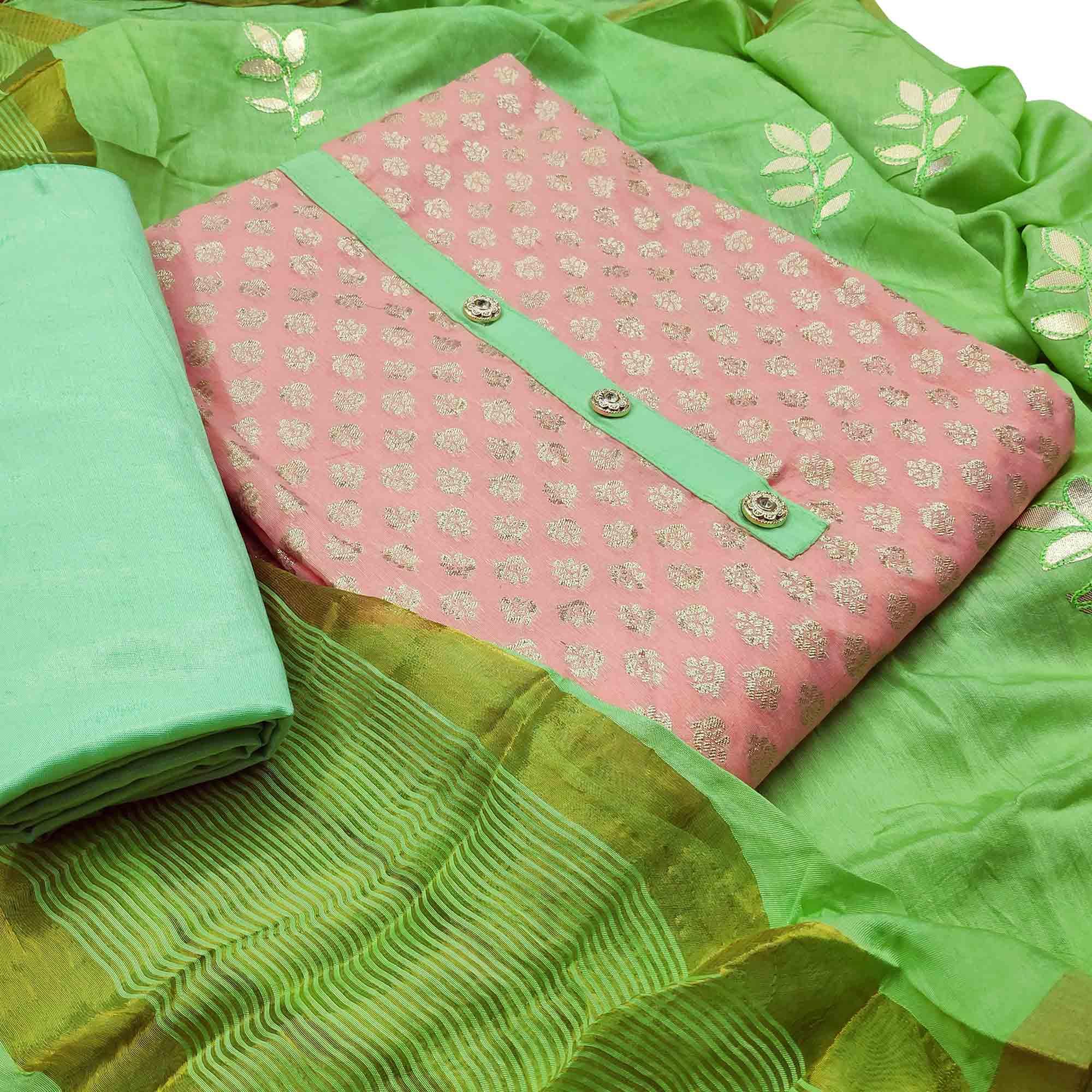 Refreshing Pink Colored Festive Wear Woven Heavy Banarasi Silk Dress Material - Peachmode
