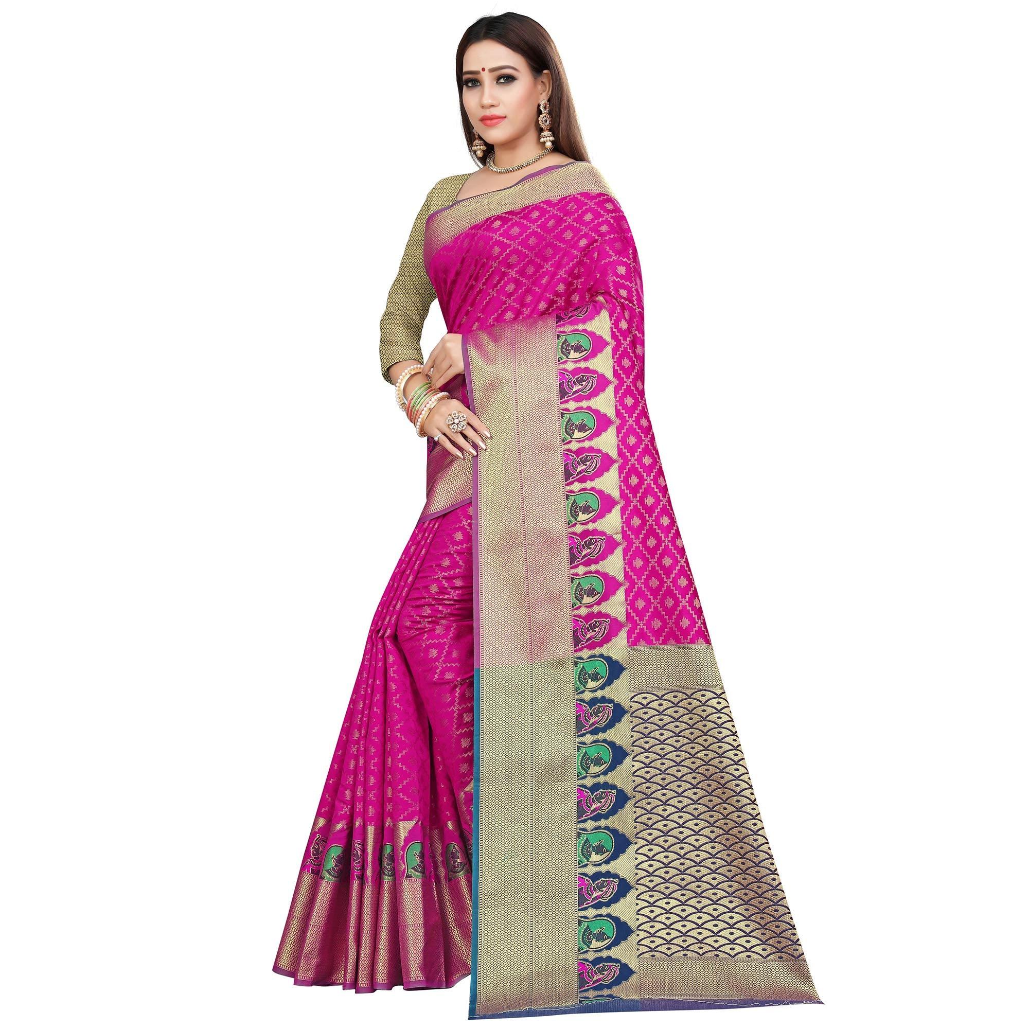 Refreshing Pink Colored Festive Wear Woven Silk Saree - Peachmode