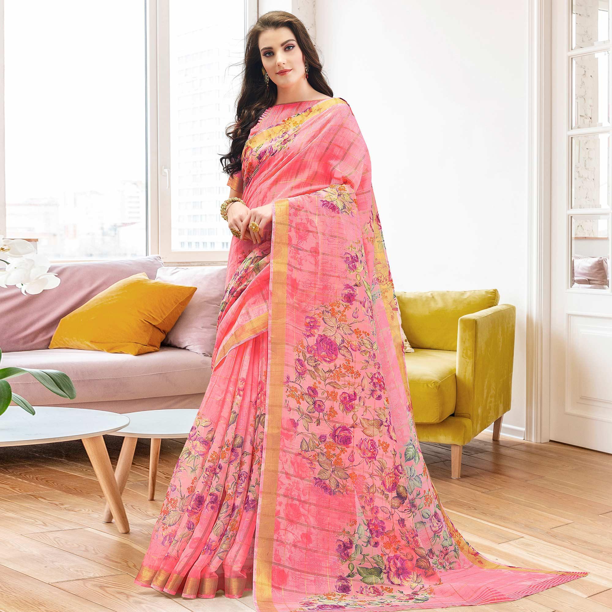 Refreshing Pink Colored Partywear Digital Printed Linen Saree - Peachmode