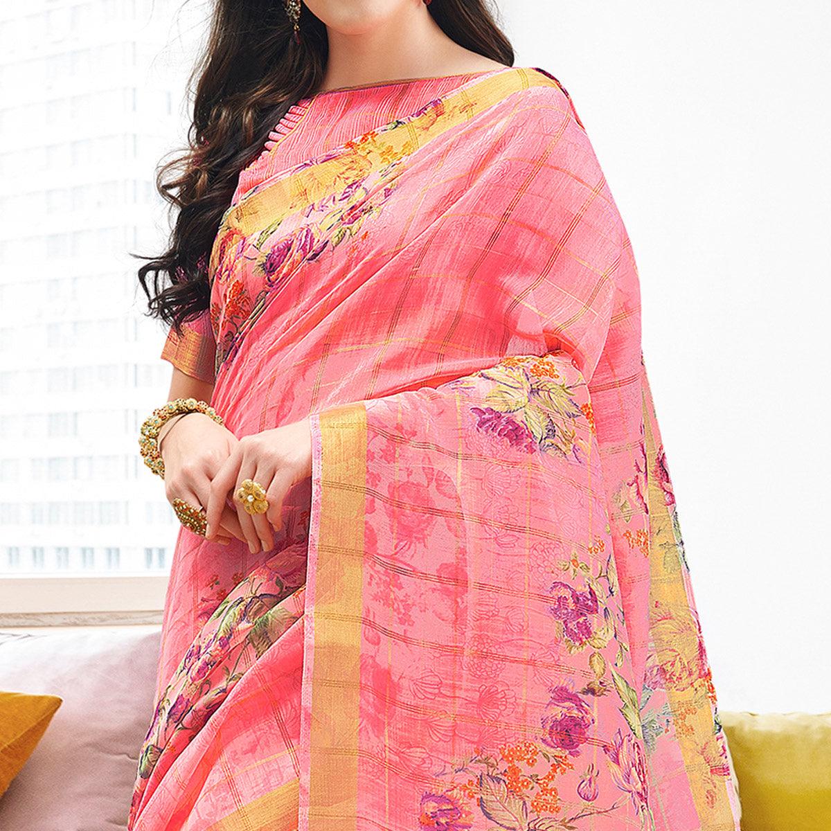 Refreshing Pink Colored Partywear Digital Printed Linen Saree - Peachmode
