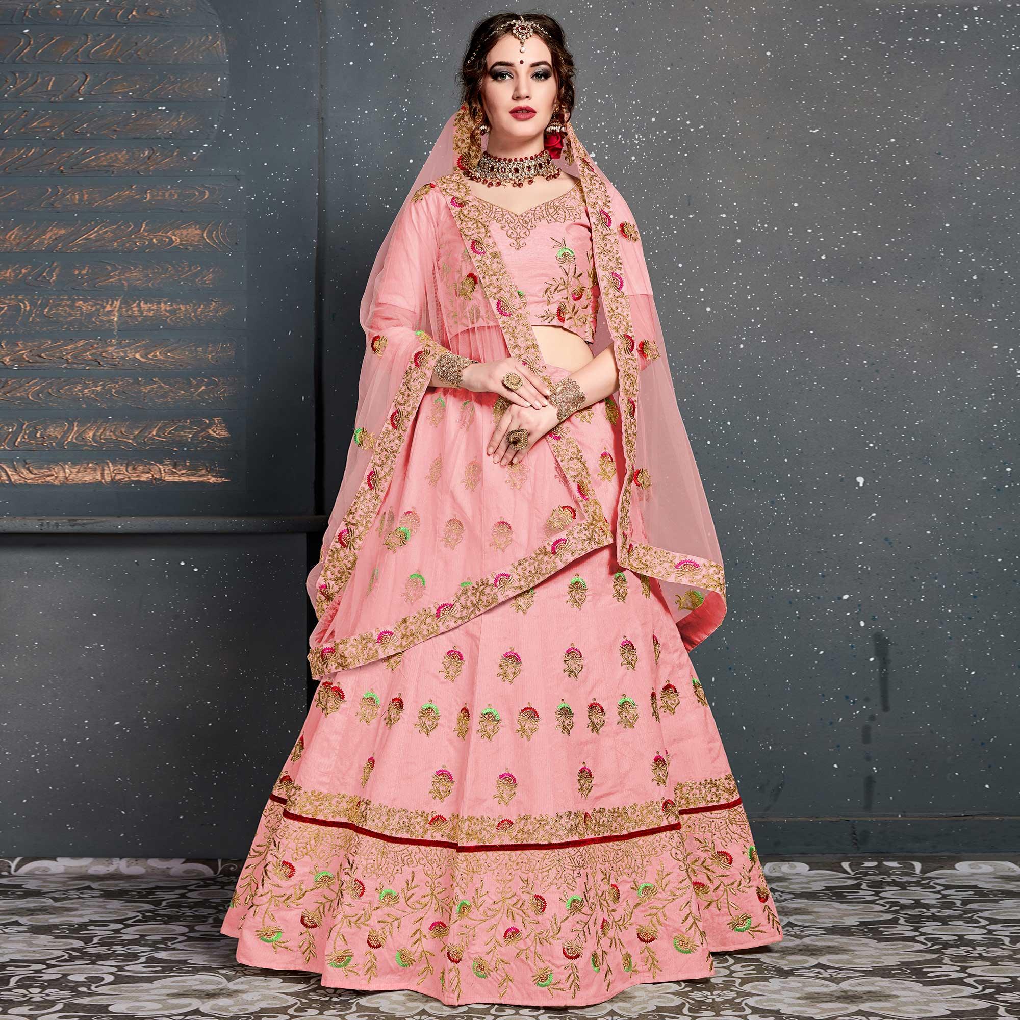 Refreshing Pink Colored Wedding Wear Embroidered Silk Lehenga Choli - Peachmode