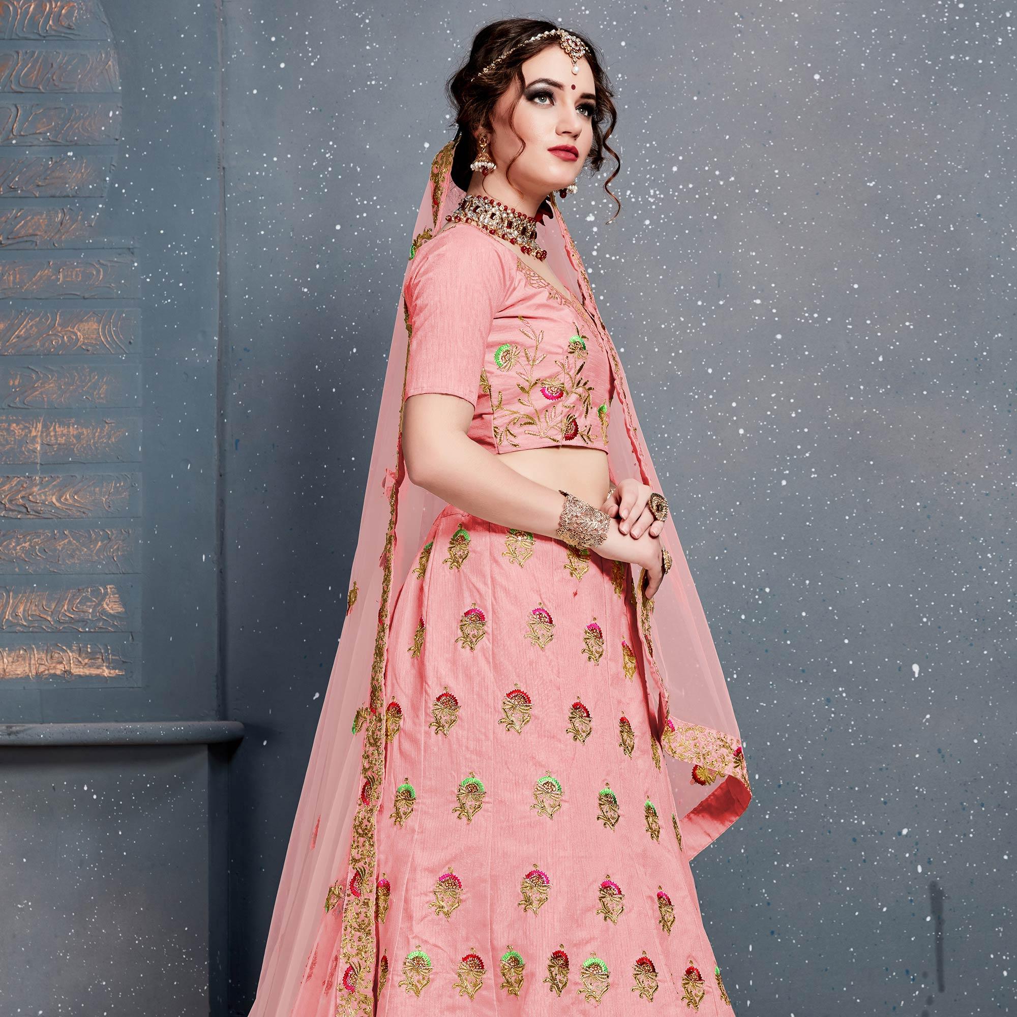 Refreshing Pink Colored Wedding Wear Embroidered Silk Lehenga Choli - Peachmode