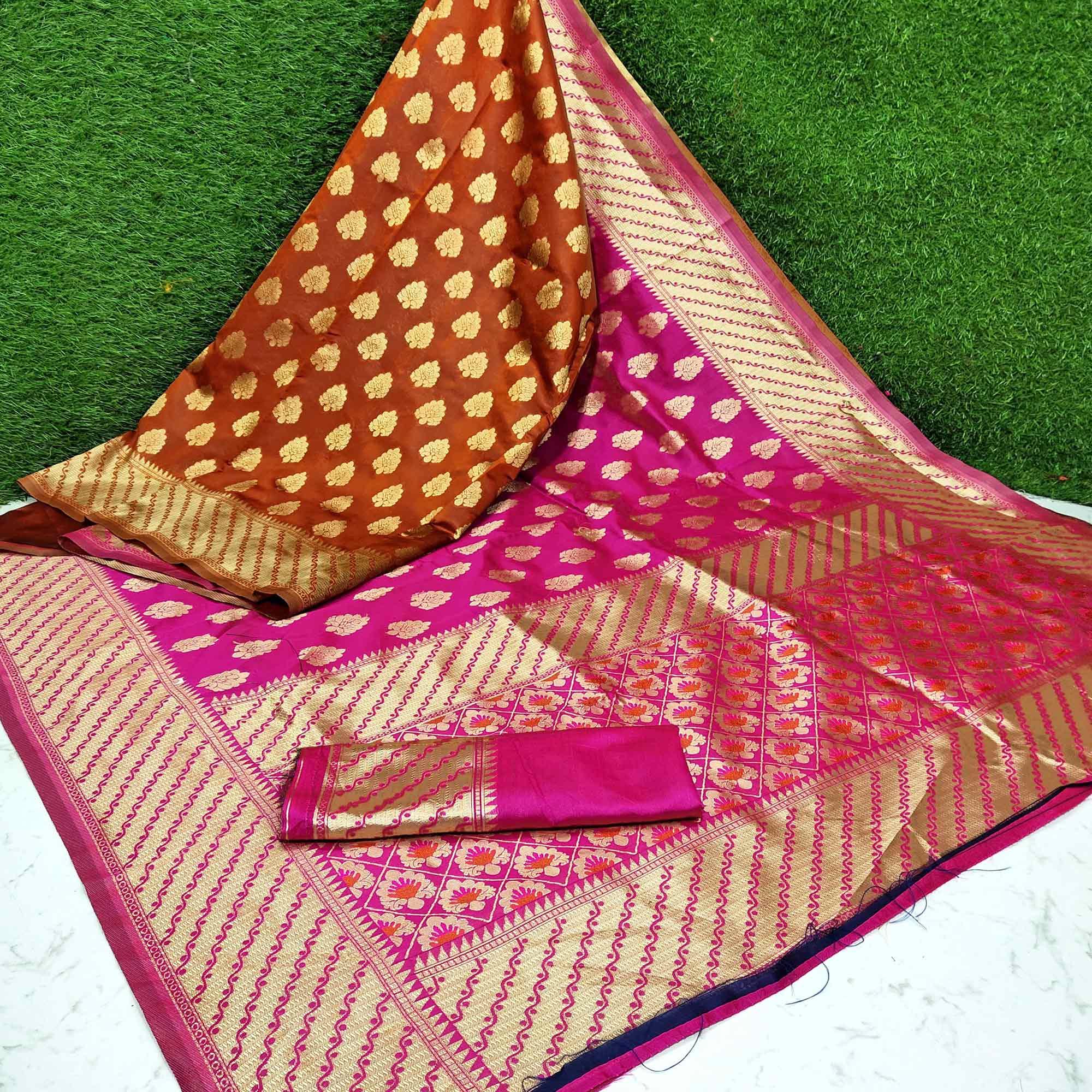 Refreshing Pink - Orange Colored Festive Wear Woven Heavy Art Silk Saree - Peachmode