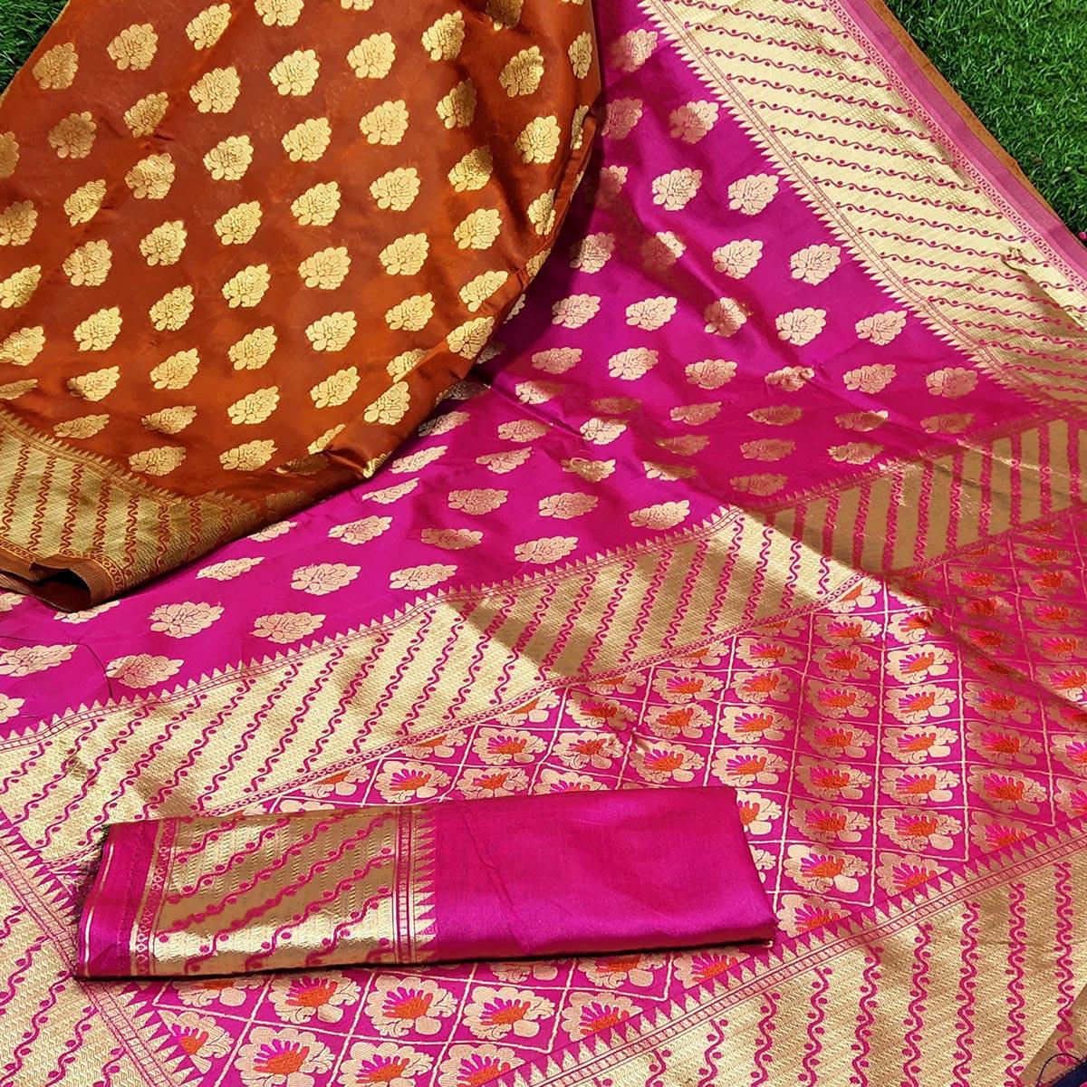 Refreshing Pink - Orange Colored Festive Wear Woven Heavy Art Silk Saree - Peachmode
